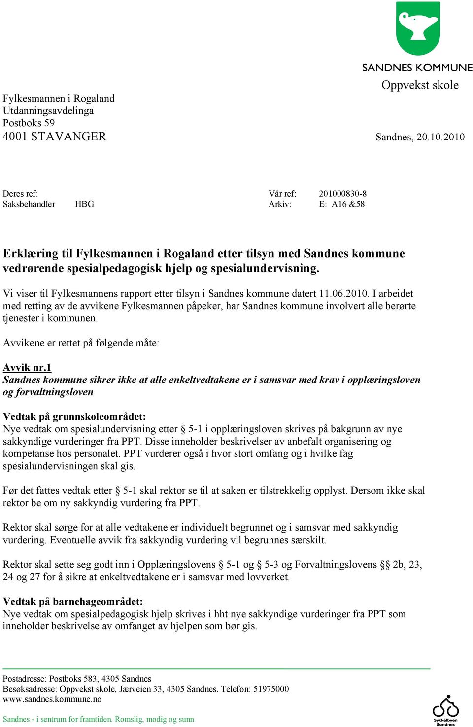 spesialundervisning. Vi viser til Fylkesmannens rapport etter tilsyn i Sandnes kommune datert 11.06.2010.