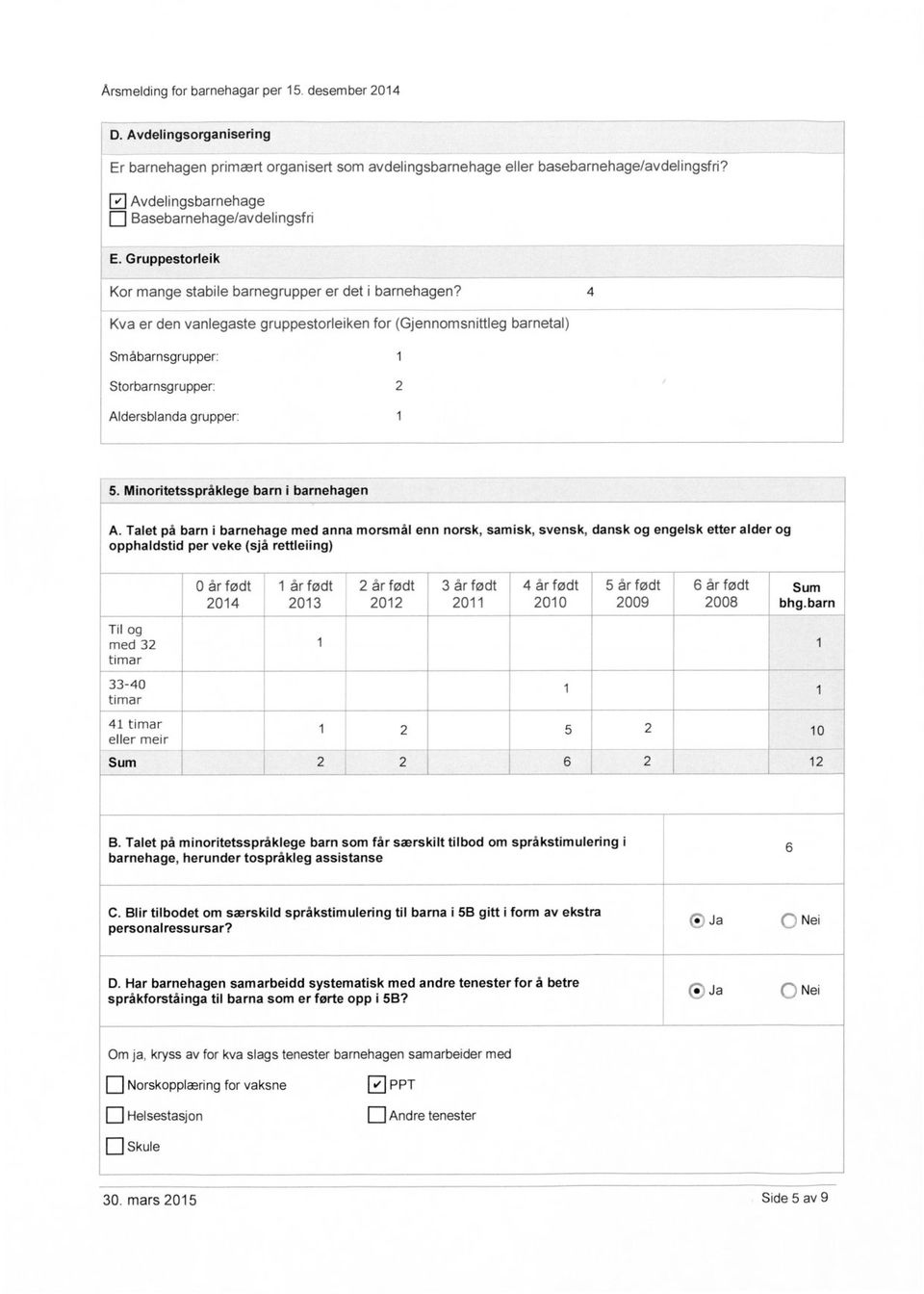 4 Kva er den vanlegaste gruppestorleiken for (Gjennomsnittleg etal) Småsgrupper: 1 Storsgrupper: 2 Aldersblanda grupper: 1 5. Minoritetsspråklege i ehagen A.