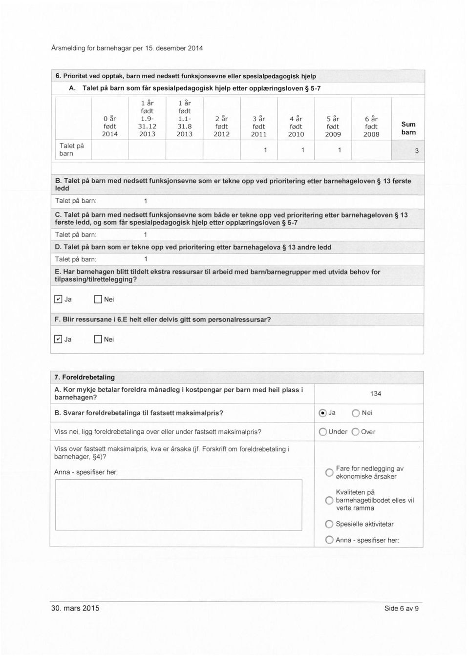 8 Sum 2014 2013 2013 2012 2011 2010 2009 2008 1 1 1 Talet på med nedsett funksjonsevne som er tekne opp ved prioritering etter ehageloven 13 første ledd Talet på : 1 Talet på med nedsett