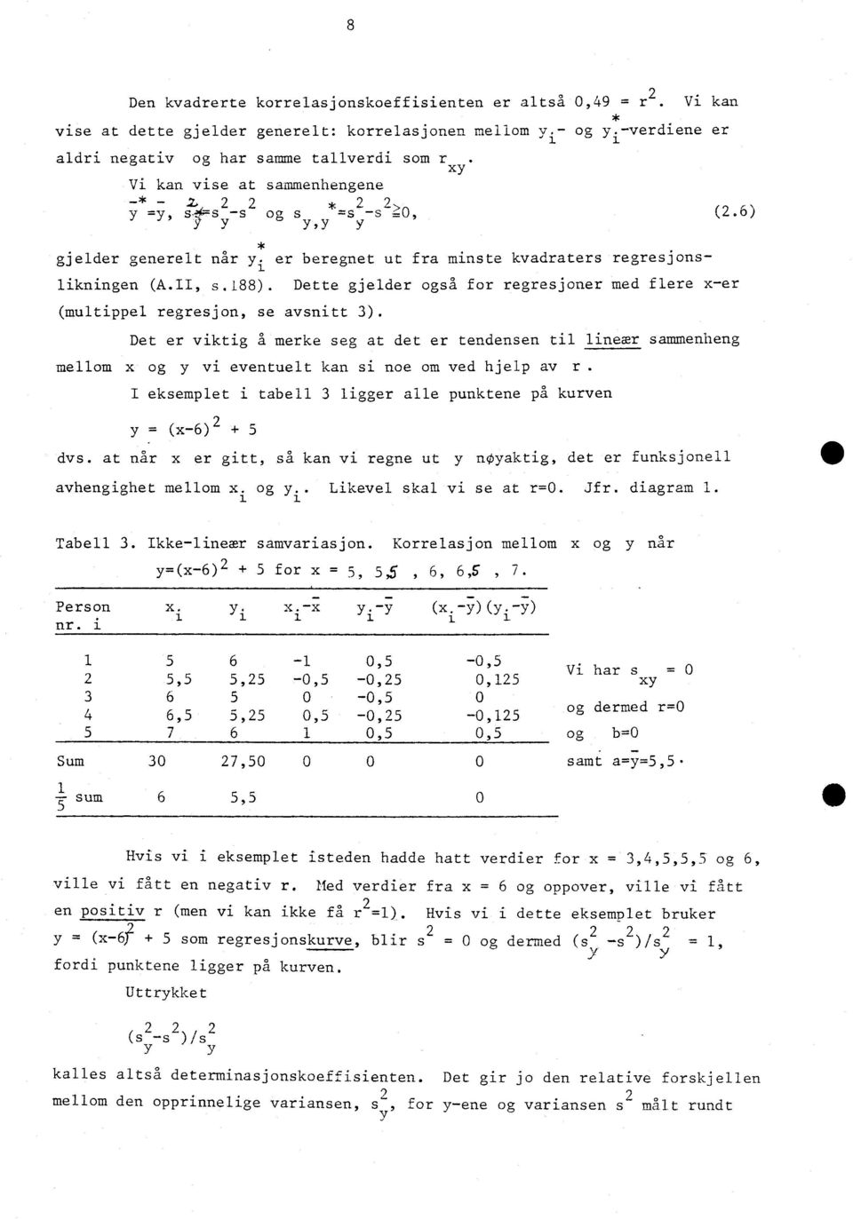 Dette gjelder også for regresjoer med flere x-er (multippel regresjo, se avsitt 3). Det er viktig å merke seg at det er tedese til lieær sammeheg mellom x og y vi evetuelt ka si oe om ved hjelp av r.