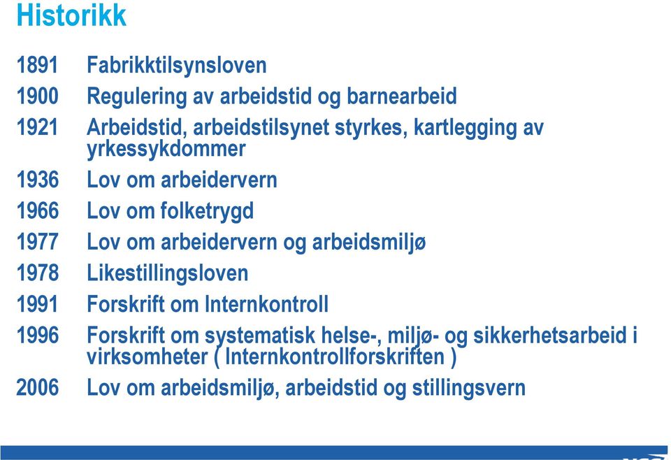 arbeidsmiljø 1978 Likestillingsloven 1991 Forskrift om Internkontroll 1996 Forskrift om systematisk helse-, miljø-