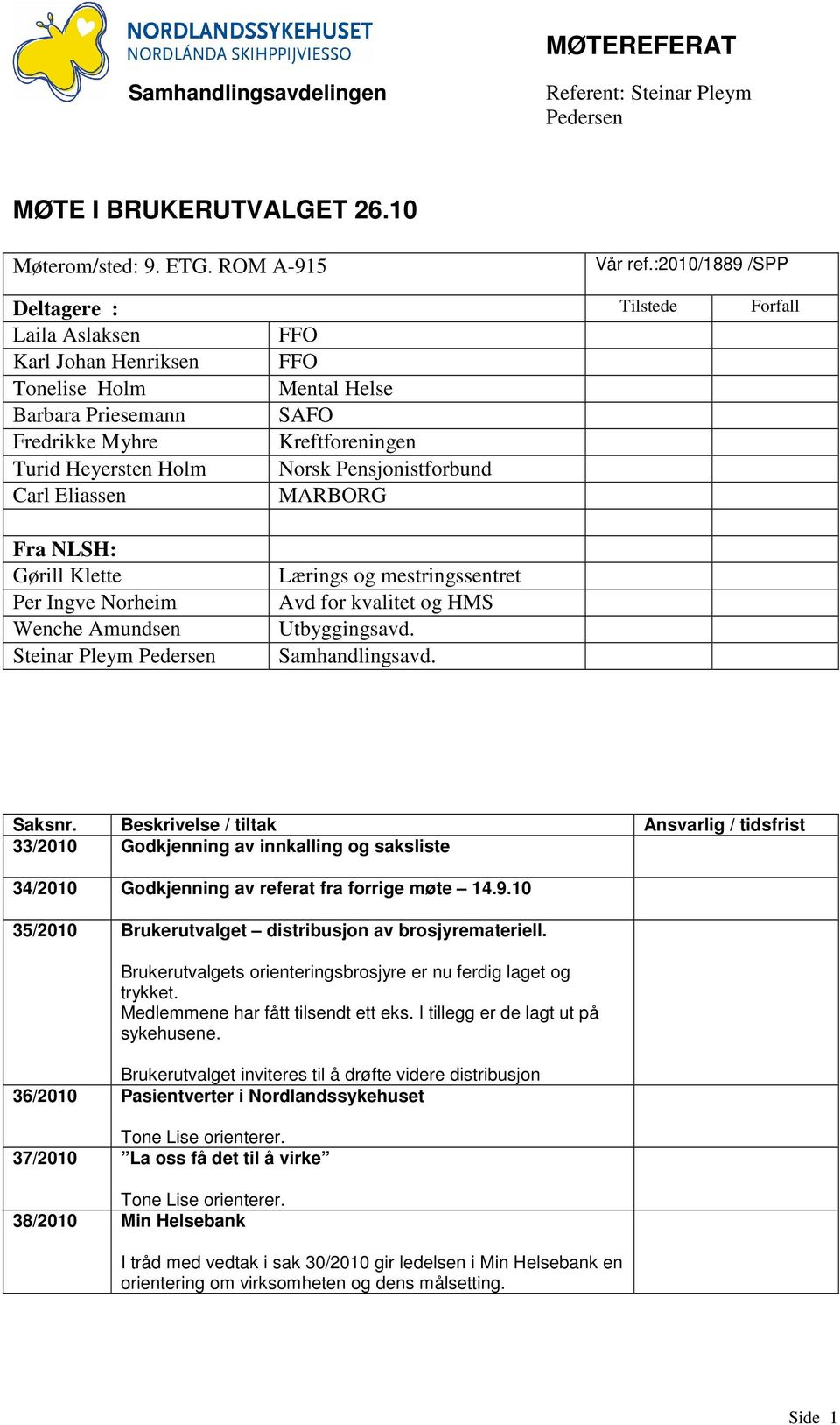 Pensjonistforbund Carl Eliassen MARBORG Fra NLSH: Gørill Klette Per Ingve Norheim Wenche Amundsen Steinar Pleym Pedersen Lærings og mestringssentret Avd for kvalitet og HMS Utbyggingsavd.