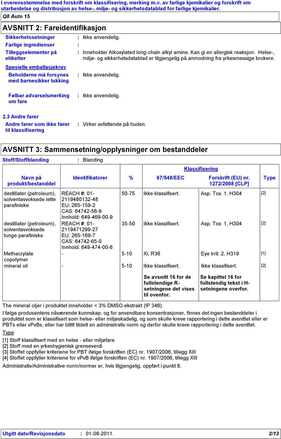 longchain alkyl amine. Kan gi en allergisk reaksjon. Helse, miljø og sikkerhetsdatablad er tilgjengelig på anmodning fra yrkesmessige brukere. Følbar advarselsmerking om fare 2.