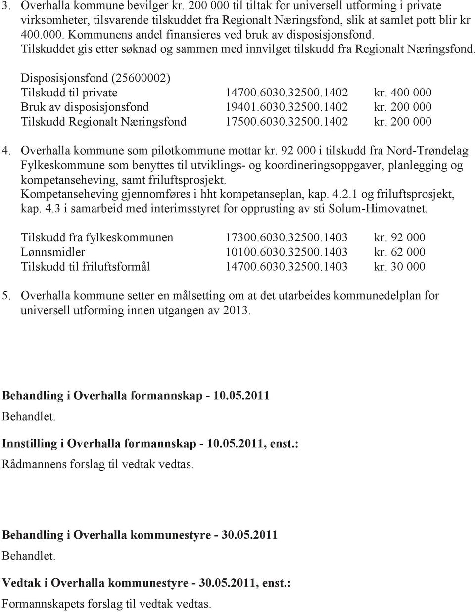 400 000 Bruk av disposisjonsfond 19401.6030.32500.1402 kr. 200 000 Tilskudd Regionalt Næringsfond 17500.6030.32500.1402 kr. 200 000 4. Overhalla kommune som pilotkommune mottar kr.