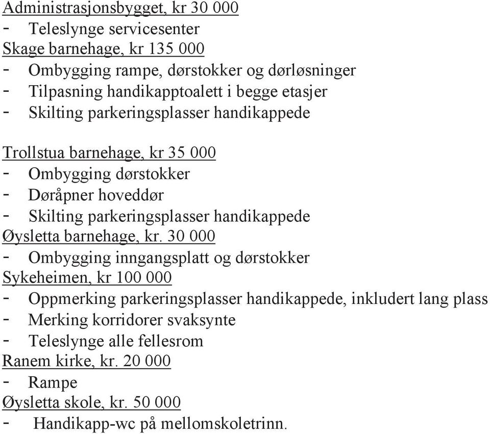 30 000 - Ombygging inngangsplatt og dørstokker Sykeheimen, kr 100 000 - Oppmerking parkeringsplasser handikappede, inkludert lang plass -