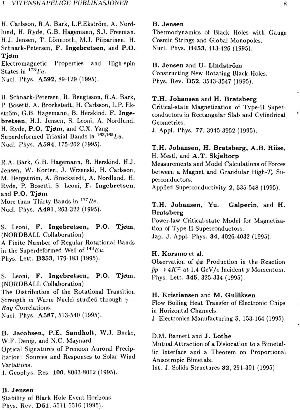 B. Hagemann, B. Herskind, F. Ingebretsen, H.J. Jensen, S. Leoni, A. Nordlund, H. Ryde, P.O. Tjøm, and C.X. Yang Superdeformed Triaxial Bands in 63 ' 65 Z,w. Nucl. Phys. A594, 75- R.A. Bark, G.B. Hagemann, B. Herskind, H.