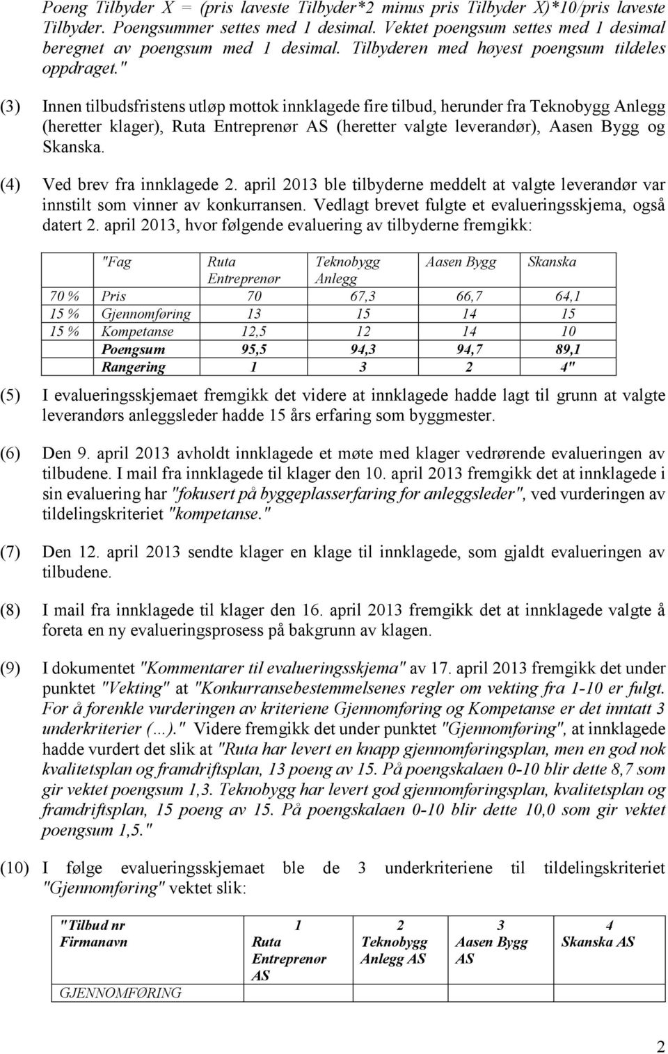 " (3) Innen tilbudsfristens utløp mottok innklagede fire tilbud, herunder fra Teknobygg Anlegg (heretter klager), Ruta Entreprenør AS (heretter valgte leverandør), Aasen Bygg og Skanska.