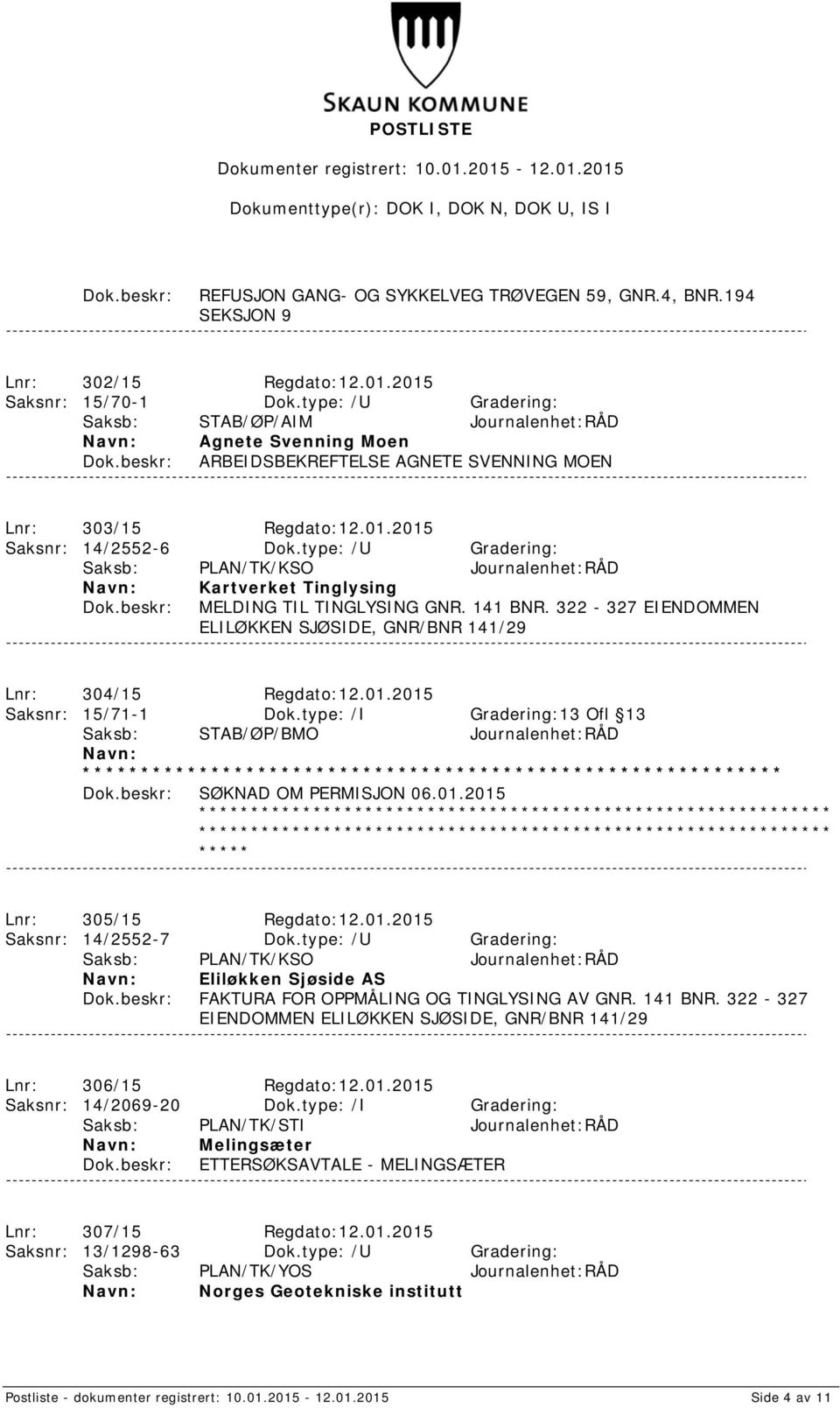 type: /U Gradering: Saksb: PLAN/TK/KSO Journalenhet:RÅD Kartverket Tinglysing MELDING TIL TINGLYSING GNR. 141 BNR. 322-327 EIENDOMMEN ELILØKKEN SJØSIDE, GNR/BNR 141/29 Lnr: 304/15 Regdato:12.01.