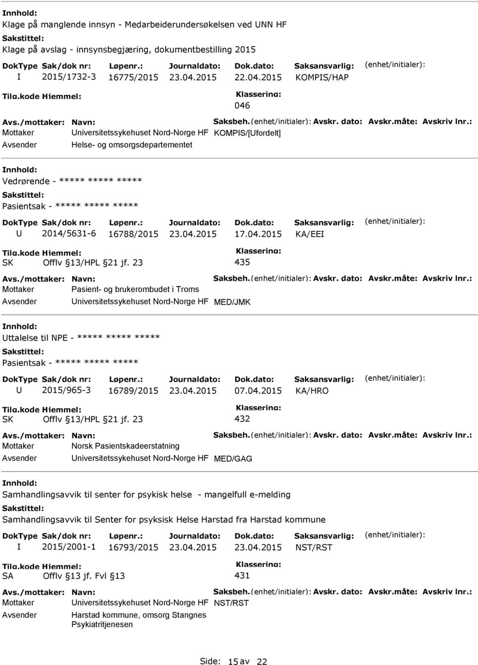 : Mottaker niversitetssykehuset Nord-Norge HF KOMS/[fordelt] Helse- og omsorgsdepartementet Vedrørende - ***** ***** ***** asientsak - ***** ***** ***** 2014/5631-6 16788/2015 17.04.