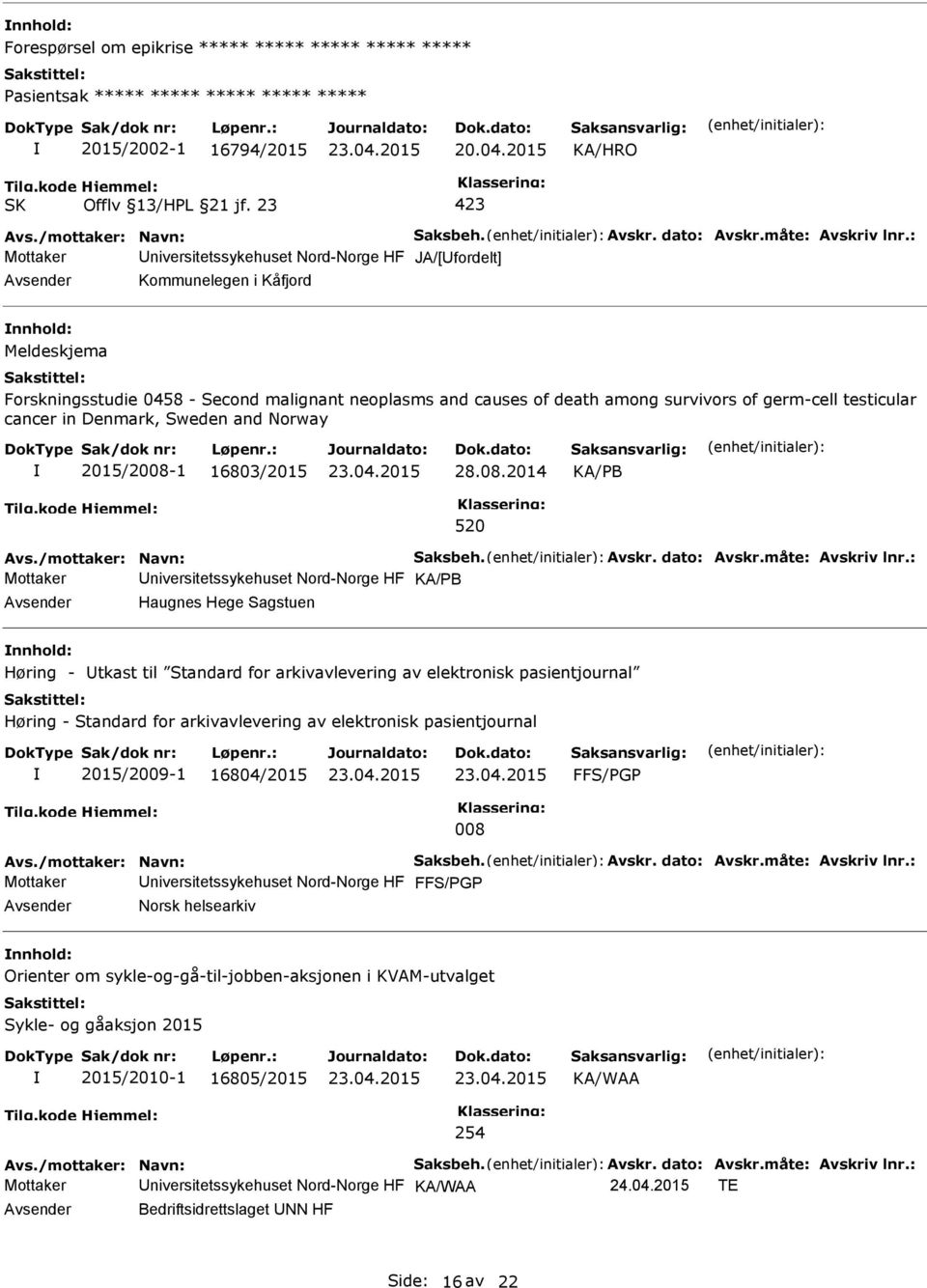 testicular cancer in Denmark, Sweden and Norway 2015/2008-1 16803/2015 28.08.2014 KA/B 520 Avs./mottaker: Navn: Saksbeh. Avskr. dato: Avskr.måte: Avskriv lnr.