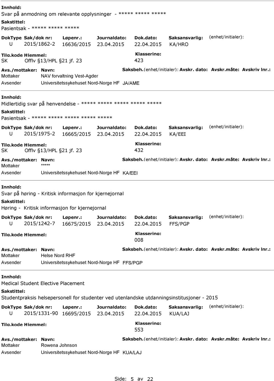 16665/2015 KA/EE 432 Avs./mottaker: Navn: Saksbeh. Avskr. dato: Avskr.måte: Avskriv lnr.