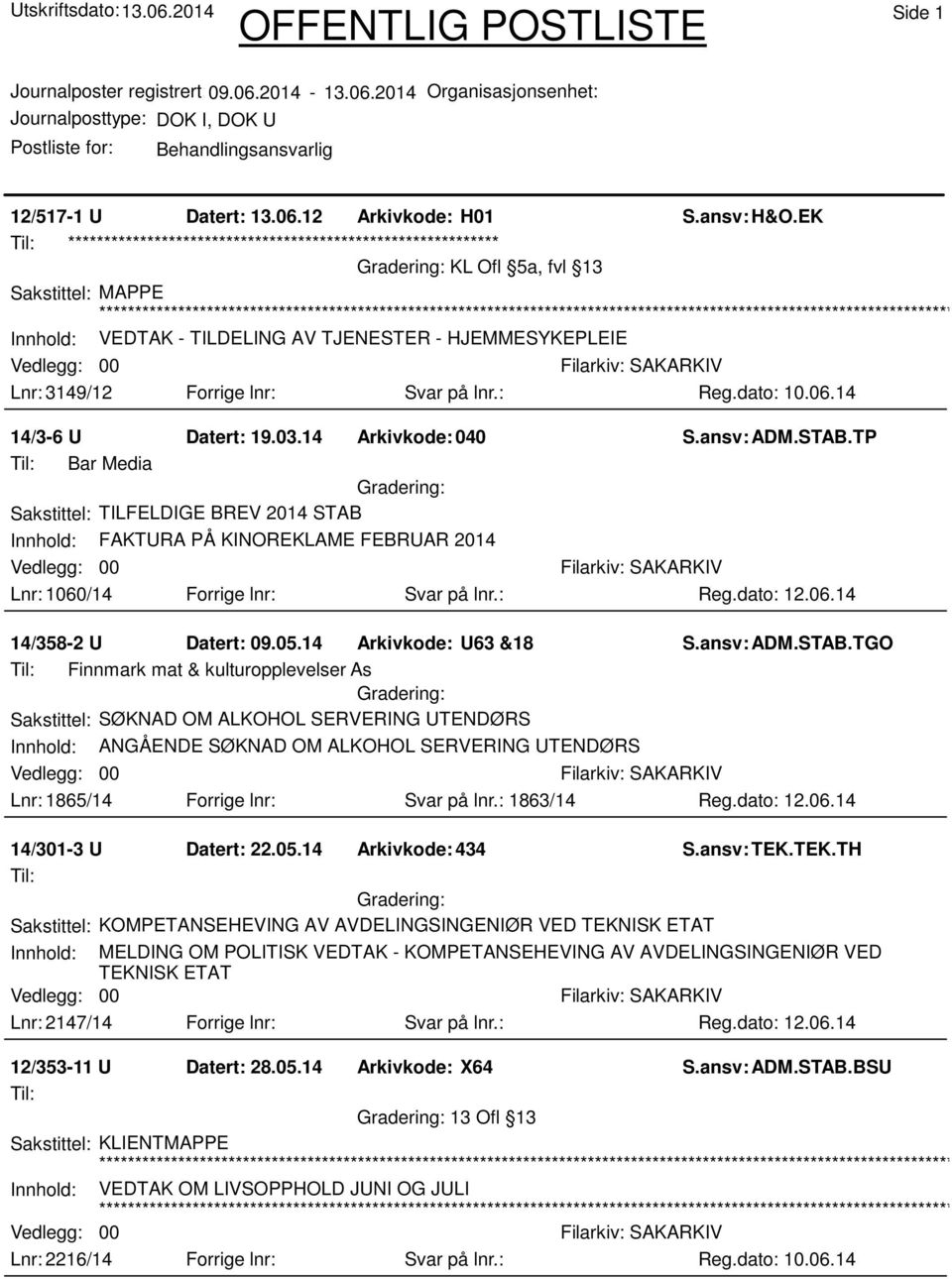 : Reg.dato: 10.06.14 14/3-6 U Datert: 19.03.14 Arkivkode:040 Bar Media Innhold: FAKTURA PÅ KINOREKLAME FEBRUAR 2014 Lnr: 1060/14 Forrige lnr: Svar på lnr.: Reg.dato: 12.06.14 14/358-2 U Datert: 09.05.
