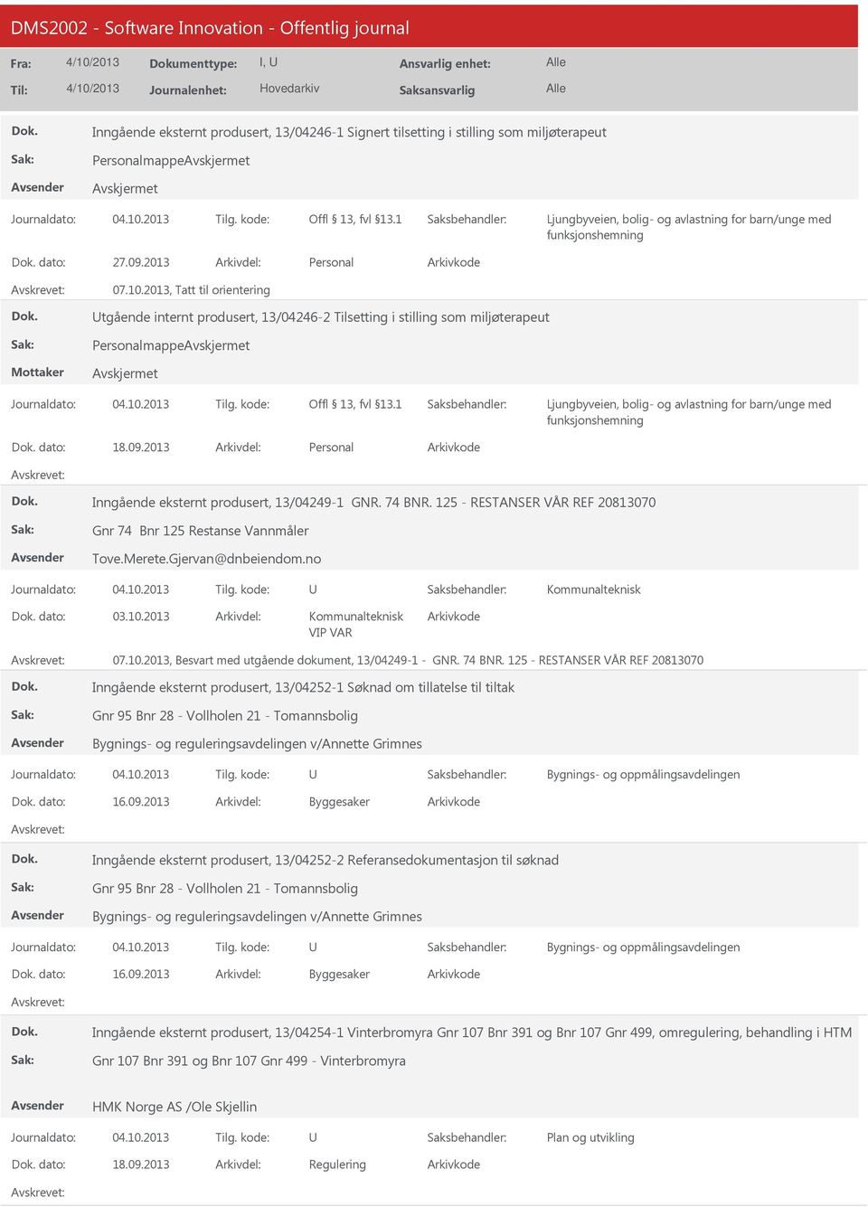 2013, Tatt til orientering tgående internt produsert, 13/04246-2 Tilsetting i stilling som miljøterapeut Personalmappe Ljungbyveien, bolig- og avlastning for barn/unge med funksjonshemning dato: 18.