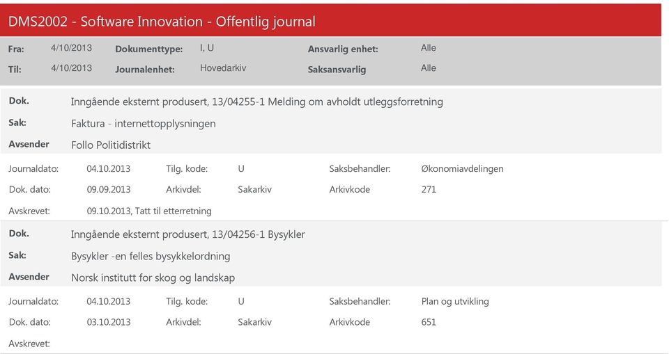 2013, Tatt til etterretning Inngående eksternt produsert, 13/04256-1 Bysykler Bysykler -en