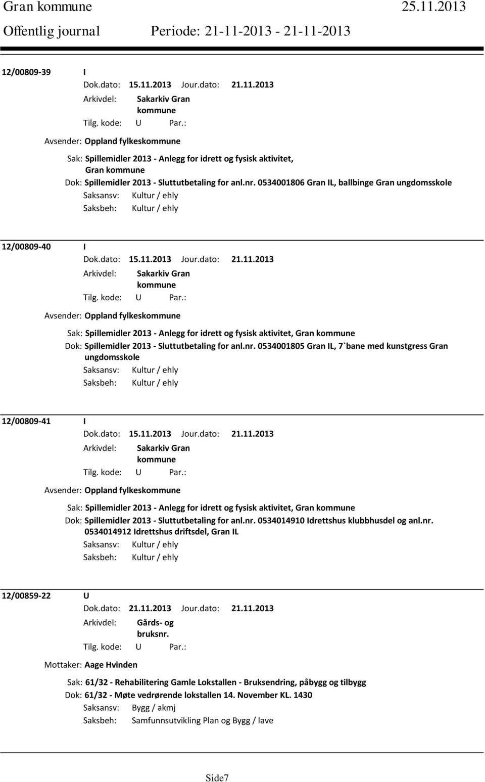 2013 Jour.dato: 21.11.2013 Avsender: Oppland fylkes Sak: Spillemidler 2013 - Anlegg for idrett og fysisk aktivitet, Gran Dok: Spillemidler 2013 - Sluttutbetaling for anl.nr.