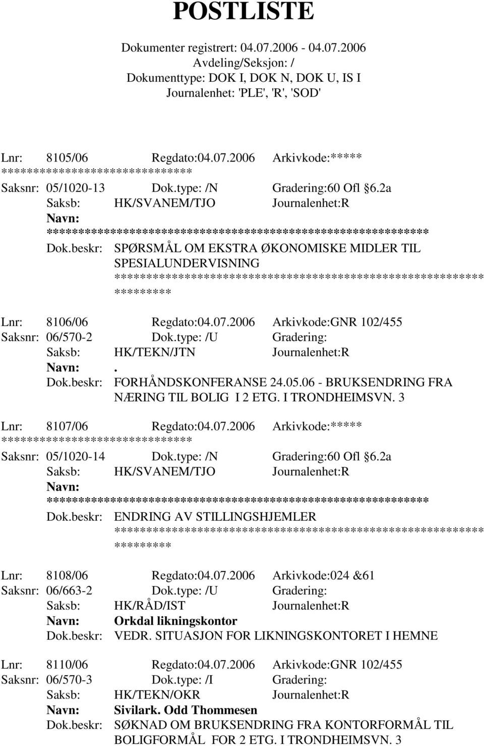 Dok.beskr: FORHÅNDSKONFERANSE 24.05.06 - BRUKSENDRING FRA NÆRING TIL BOLIG I 2 ETG. I TRONDHEIMSVN. 3 Lnr: 8107/06 Regdato:04.07.2006 Arkivkode:***** *** Saksnr: 05/1020-14 Dok.