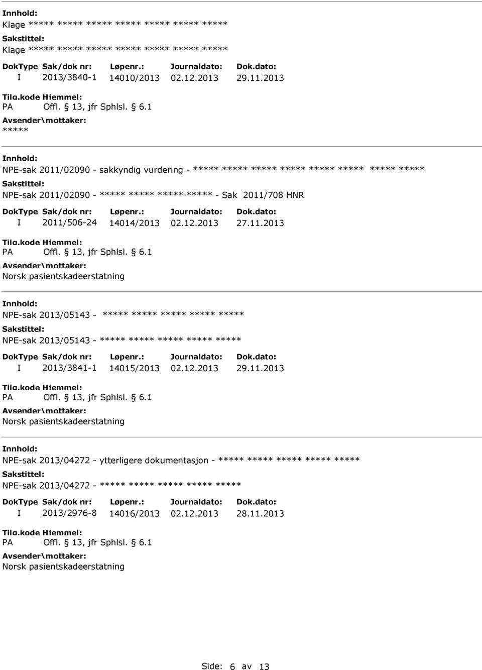 2013/05143-2013/3841-1 14015/2013 Norsk pasientskadeerstatning NE-sak 2013/04272 - ytterligere