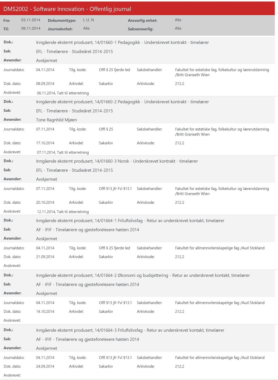 2014, Tatt til etterretning Inngående eksternt produsert, 14/01660-2 Pedagogikk - nderskrevet kontrakt - timelærer EFL - Timelærere - Studieåret 2014-2015 Tone Ragnhild Mjøen Offl 25 /Britt Granseth