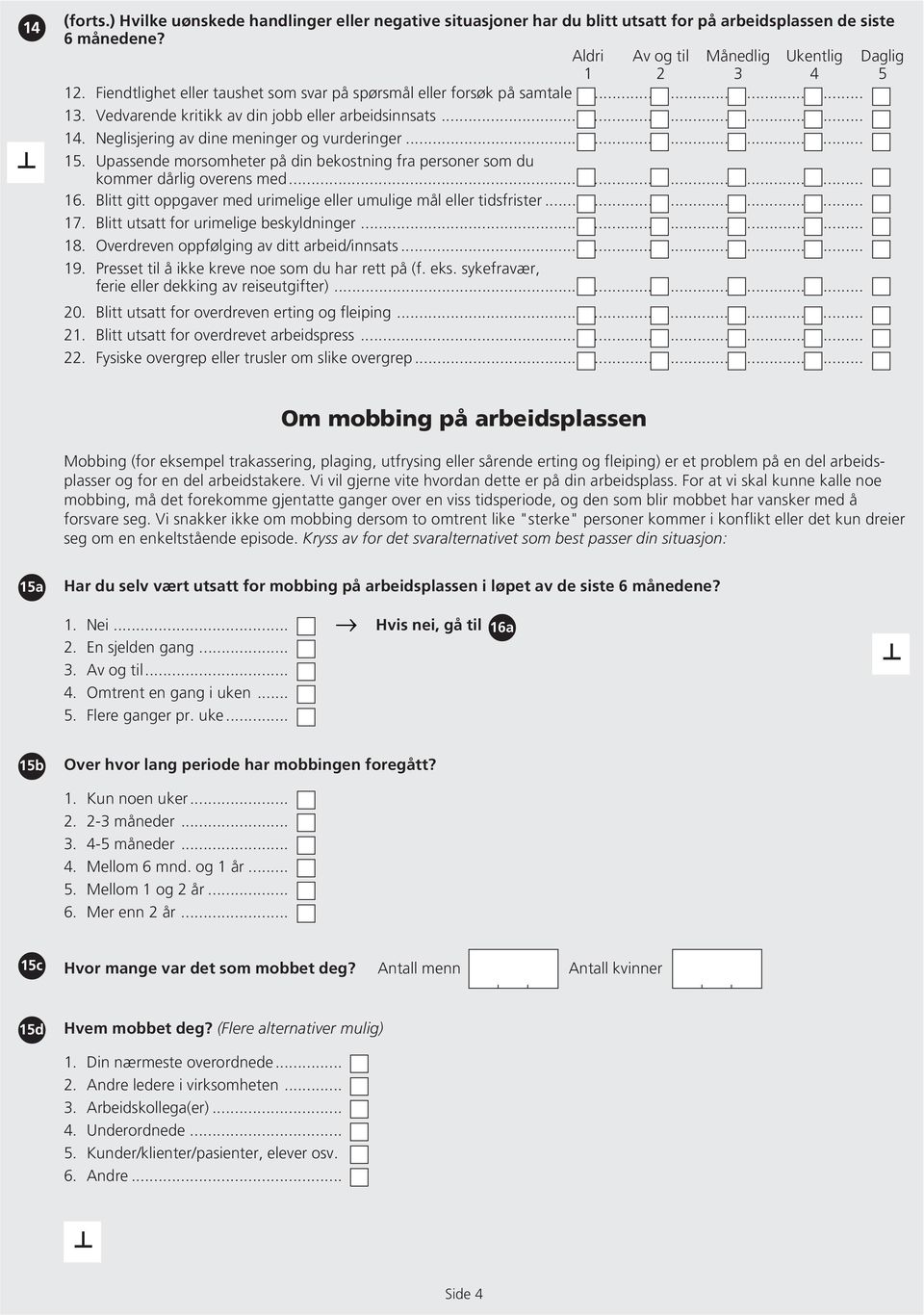 Upassende morsomheter på din bekostning fra personer som du kommer dårlig overens med... 16. Blitt gitt oppgaver med urimelige eller umulige mål eller tidsfrister... 17.