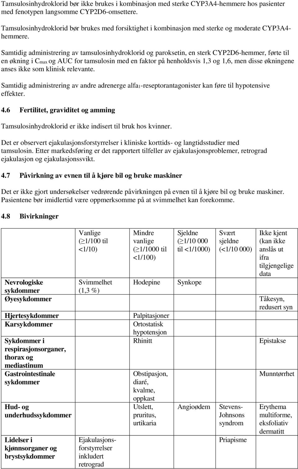 Samtidig administrering av tamsulosinhydroklorid og paroksetin, en sterk CYP2D6-hemmer, førte til en økning i Cmax og AUC for tamsulosin med en faktor på henholdsvis 1,3 og 1,6, men disse økningene