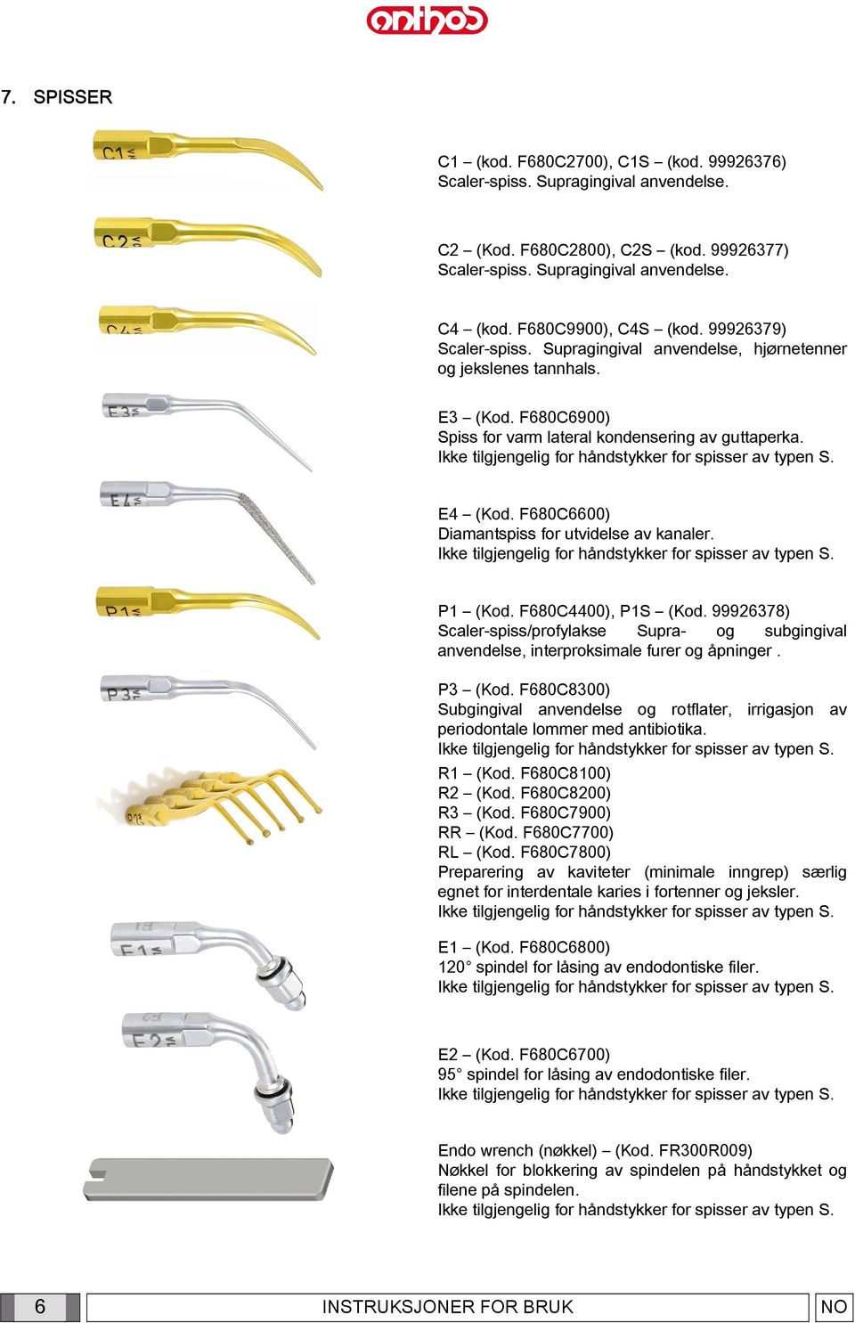 F680C6600) Diamantspiss for utvidelse av kanaler. P1 (Kod. F680C4400), P1S (Kod. 99926378) Scaler-spiss/profylakse Supra- og subgingival anvendelse, interproksimale furer og åpninger. P3 (Kod.