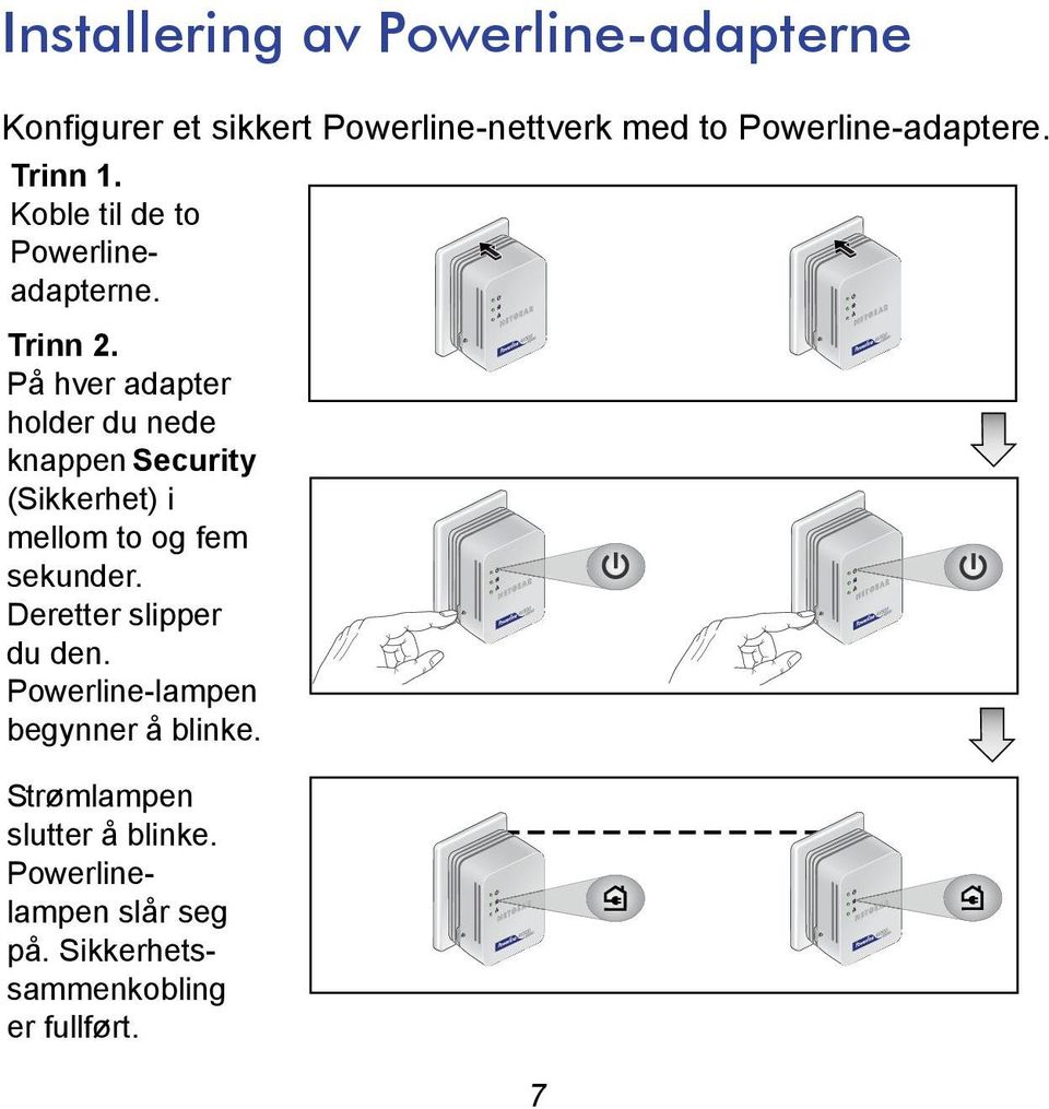 På hver adapter holder du nede knappen Security (Sikkerhet) i mellom to og fem sekunder.