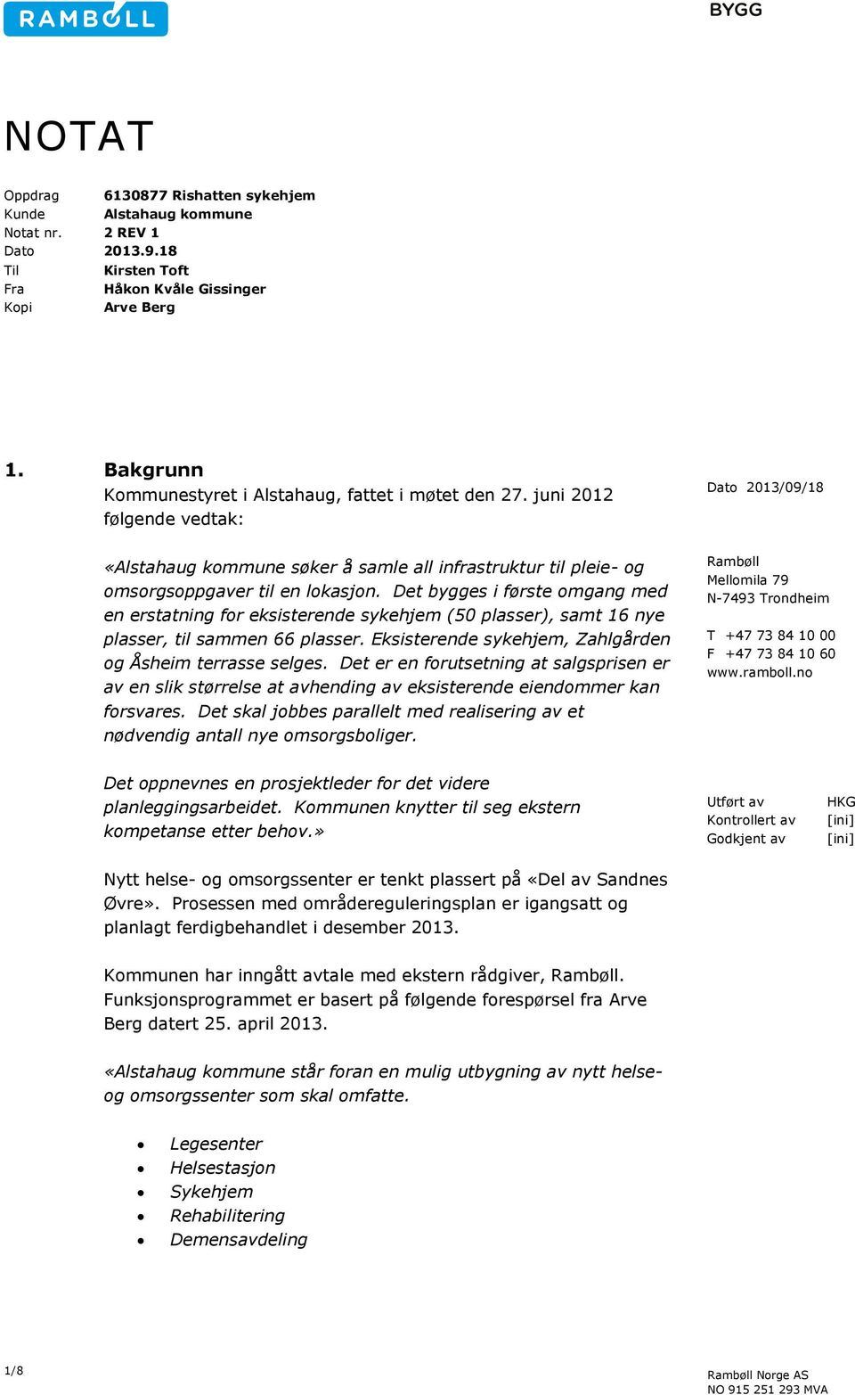 Det bygges i første omgang med en erstatning for eksisterende sykehjem (50 plasser), samt 16 nye plasser, til sammen 66 plasser. Eksisterende sykehjem, Zahlgården og Åsheim terrasse selges.