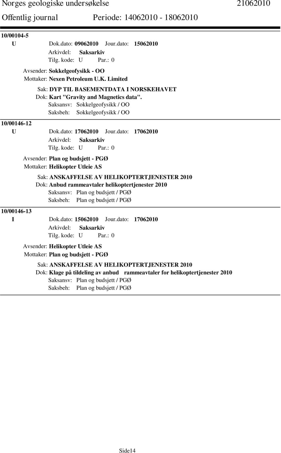 dato: 17062010 0 Avsender: Plan og budsjett - PGØ Mottaker: Helikopter Utleie AS Sak: ANSKAFFELSE AV HELIKOPTERTJENESTER 2010 Dok: Anbud rammeavtaler helikoptertjenester 2010 Saksansv: Plan og