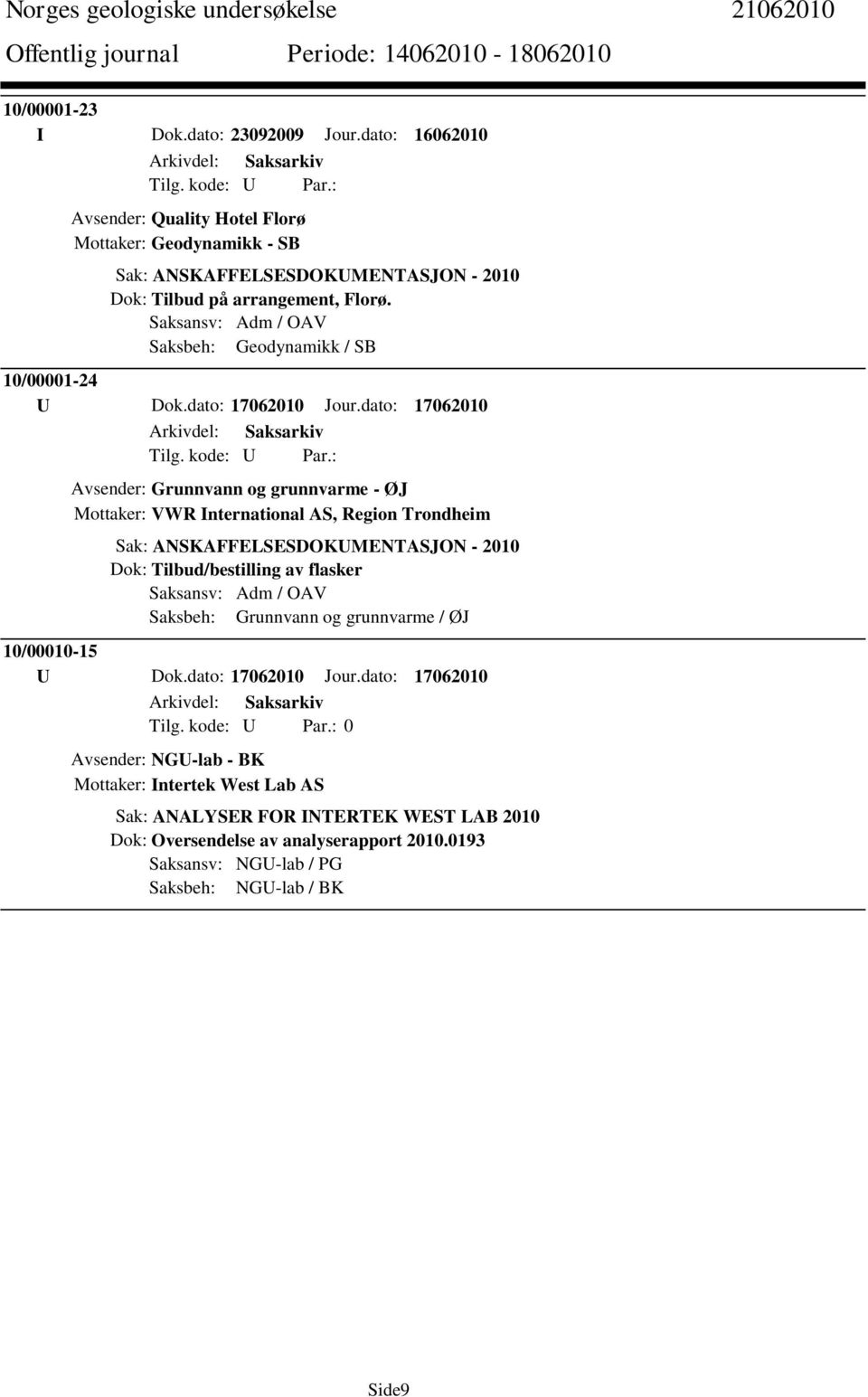 dato: 17062010 Avsender: Grunnvann og grunnvarme - ØJ Mottaker: VWR International AS, Region Trondheim Sak: ANSKAFFELSESDOKUMENTASJON - 2010 Dok: Tilbud/bestilling av flasker Saksansv: