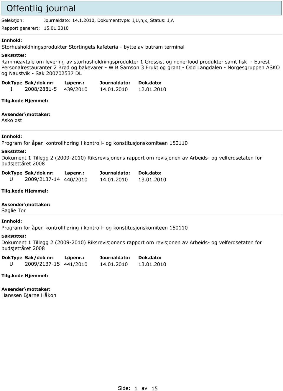 2010 Storhusholdningsprodukter Stortingets kafeteria - bytte av butram terminal Rammeavtale om levering av storhusholdningsprodukter 1 Grossist og none-food produkter samt fisk - Eurest