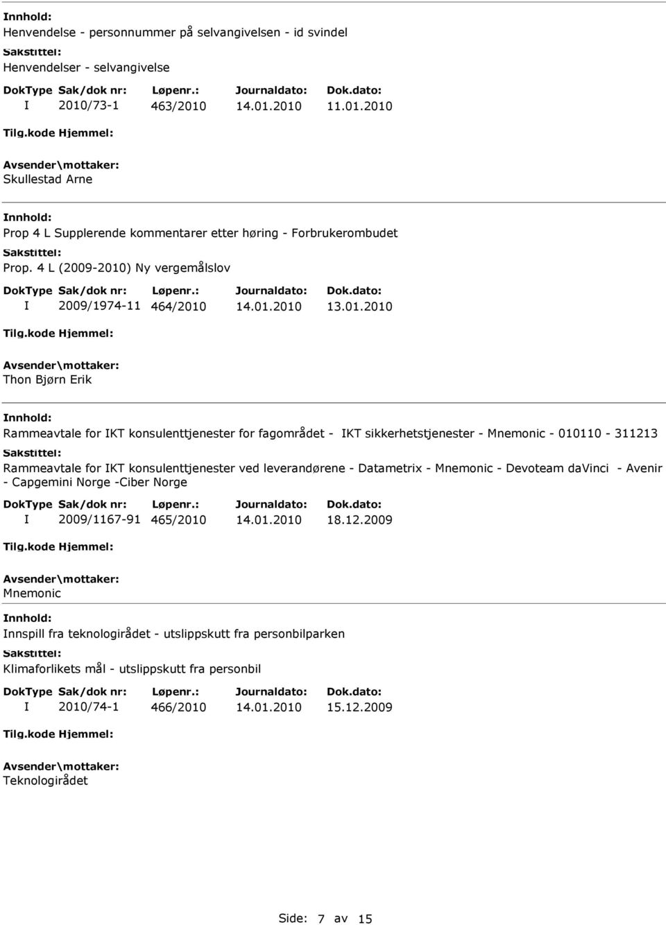 Rammeavtale for KT konsulenttjenester ved leverandørene - Datametrix - Mnemonic - Devoteam davinci - Avenir - Capgemini Norge -Ciber Norge 2009/1167-91 465/2010 18.12.