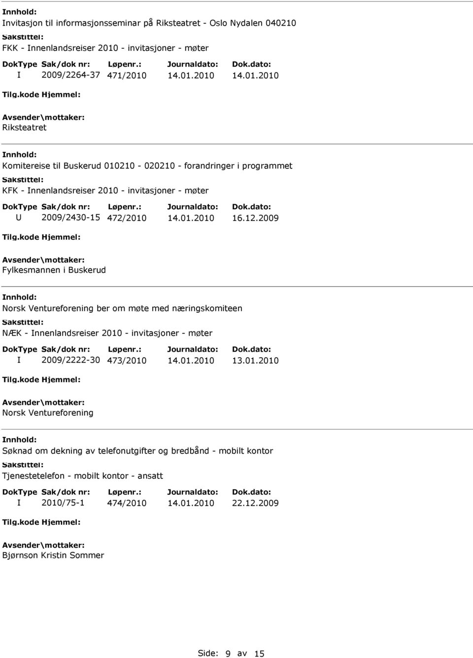 2009 Fylkesmannen i Buskerud Norsk Ventureforening ber om møte med næringskomiteen NÆK - nnenlandsreiser 2010 - invitasjoner - møter 2009/2222-30 473/2010 Norsk