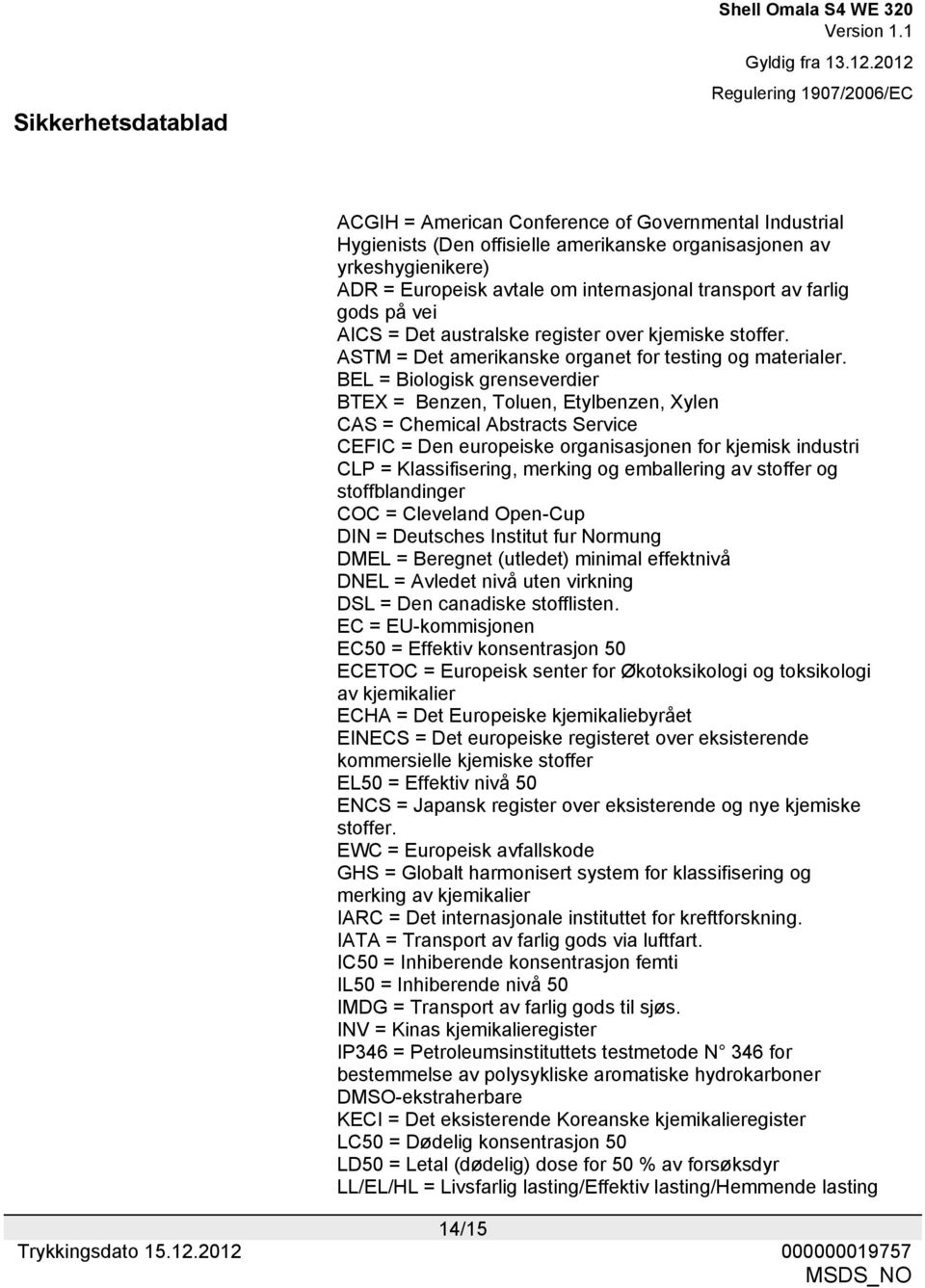 BEL = Biologisk grenseverdier BTEX = Benzen, Toluen, Etylbenzen, Xylen CAS = Chemical Abstracts Service CEFIC = Den europeiske organisasjonen for kjemisk industri CLP = Klassifisering, merking og