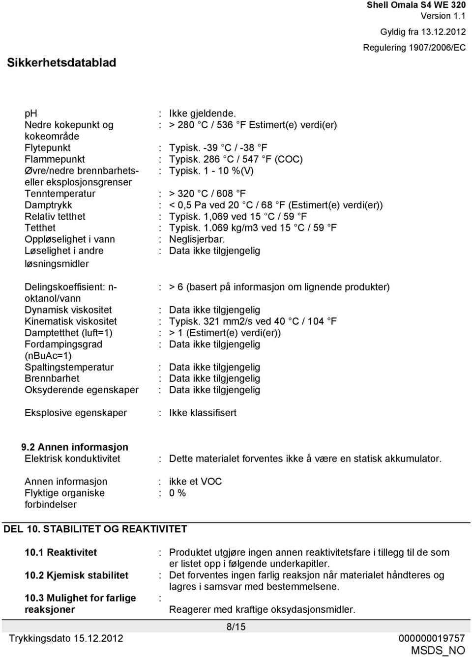 1-10 %(V) eller eksplosjonsgrenser Tenntemperatur : > 320 C / 608 F Damptrykk : < 0,5 Pa ved 20 C / 68 F (Estimert(e) verdi(er)) Relativ tetthet : Typisk. 1,