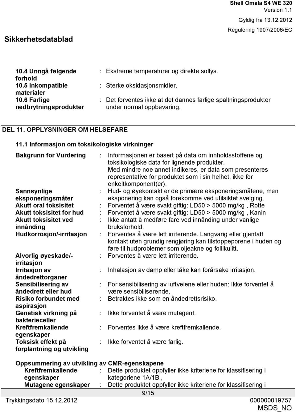 1 Informasjon om toksikologiske virkninger Bakgrunn for Vurdering : Informasjonen er basert på data om innholdsstoffene og toksikologiske data for lignende produkter.