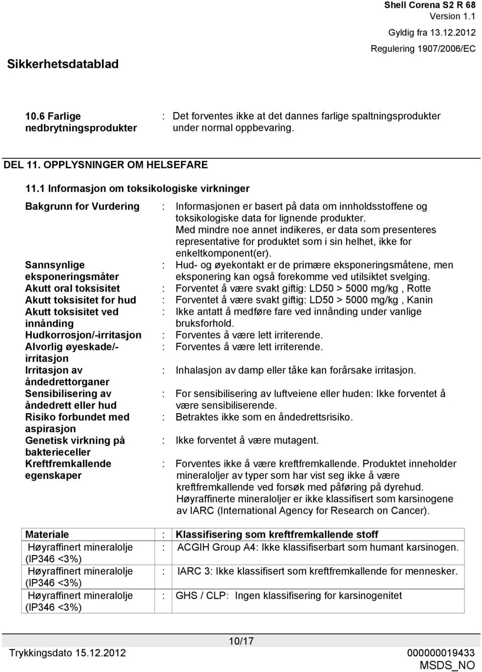 Med mindre noe annet indikeres, er data som presenteres representative for produktet som i sin helhet, ikke for enkeltkomponent(er).