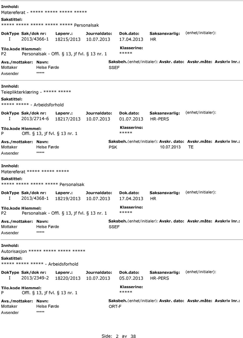 18217/2013 01.07.2013 SK TE Avsender nnhold: Møtereferat ersonalsak 2013/4368-1 18219/2013 17.