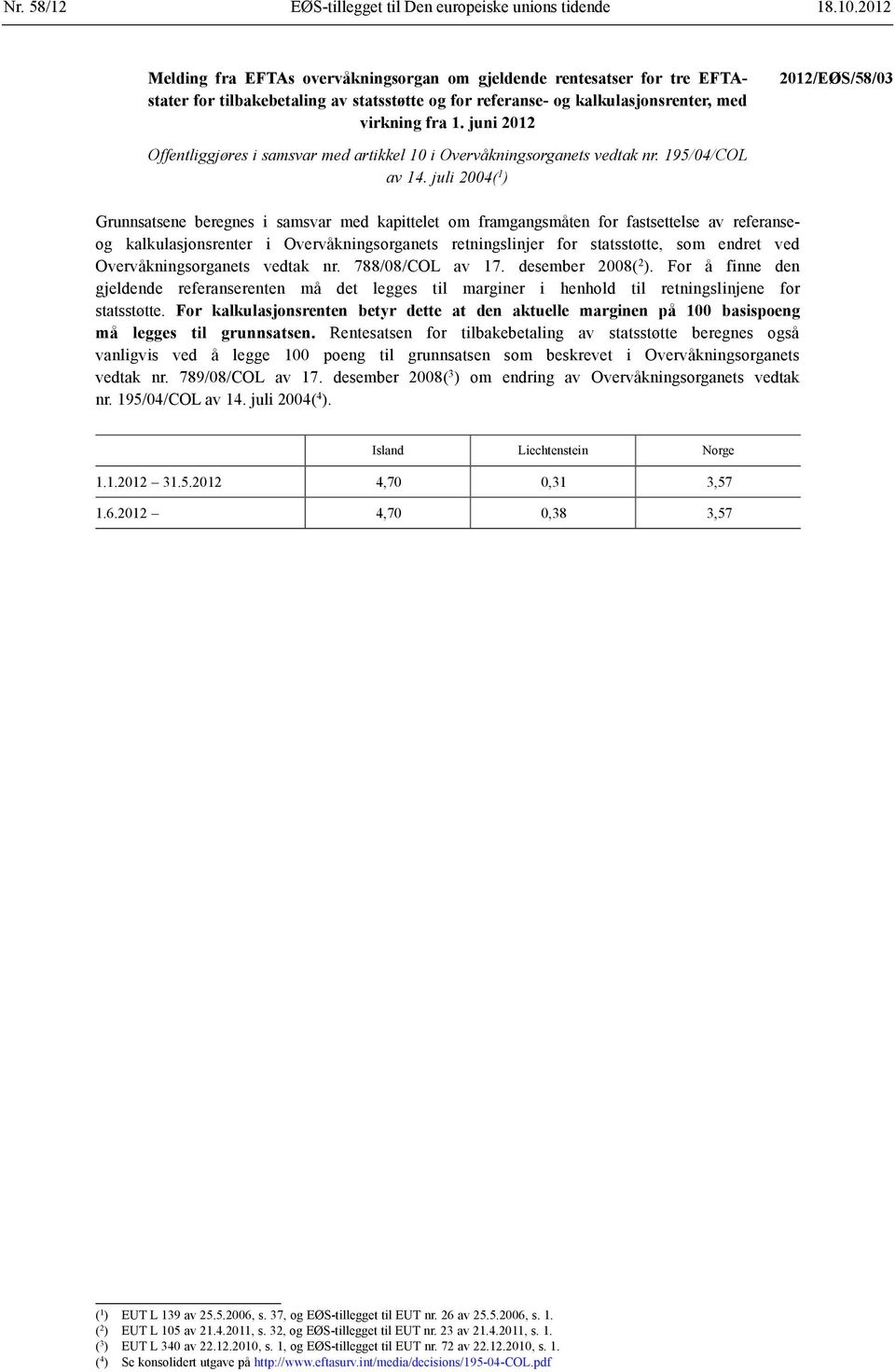 juni 2012 2012/EØS/58/03 Offentliggjøres i samsvar med artikkel 10 i Overvåkningsorganets vedtak nr. 195/04/COL av 14.