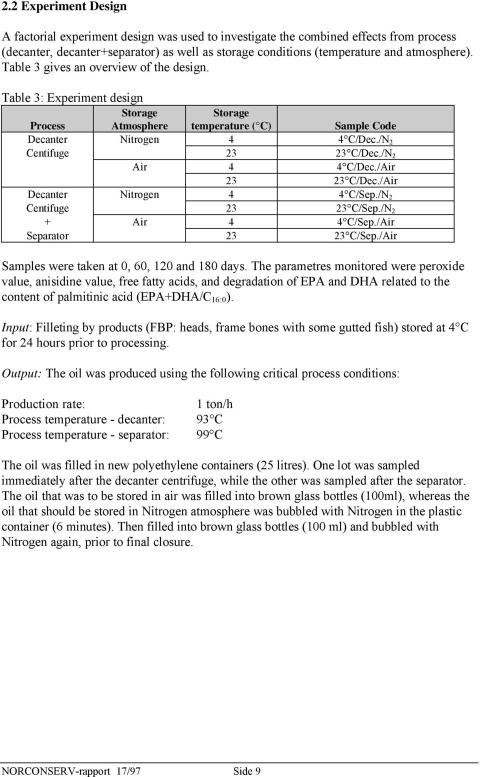 /N 2 Air 4 4 C/Dec./Air 23 23 C/Dec./Air Decanter Nitrogen 4 4 C/Sep./N 2 Centifuge 23 23 C/Sep./N 2 + Air 4 4 C/Sep./Air Separator 23 23 C/Sep./Air Samples were taken at 0, 60, 120 and 180 days.