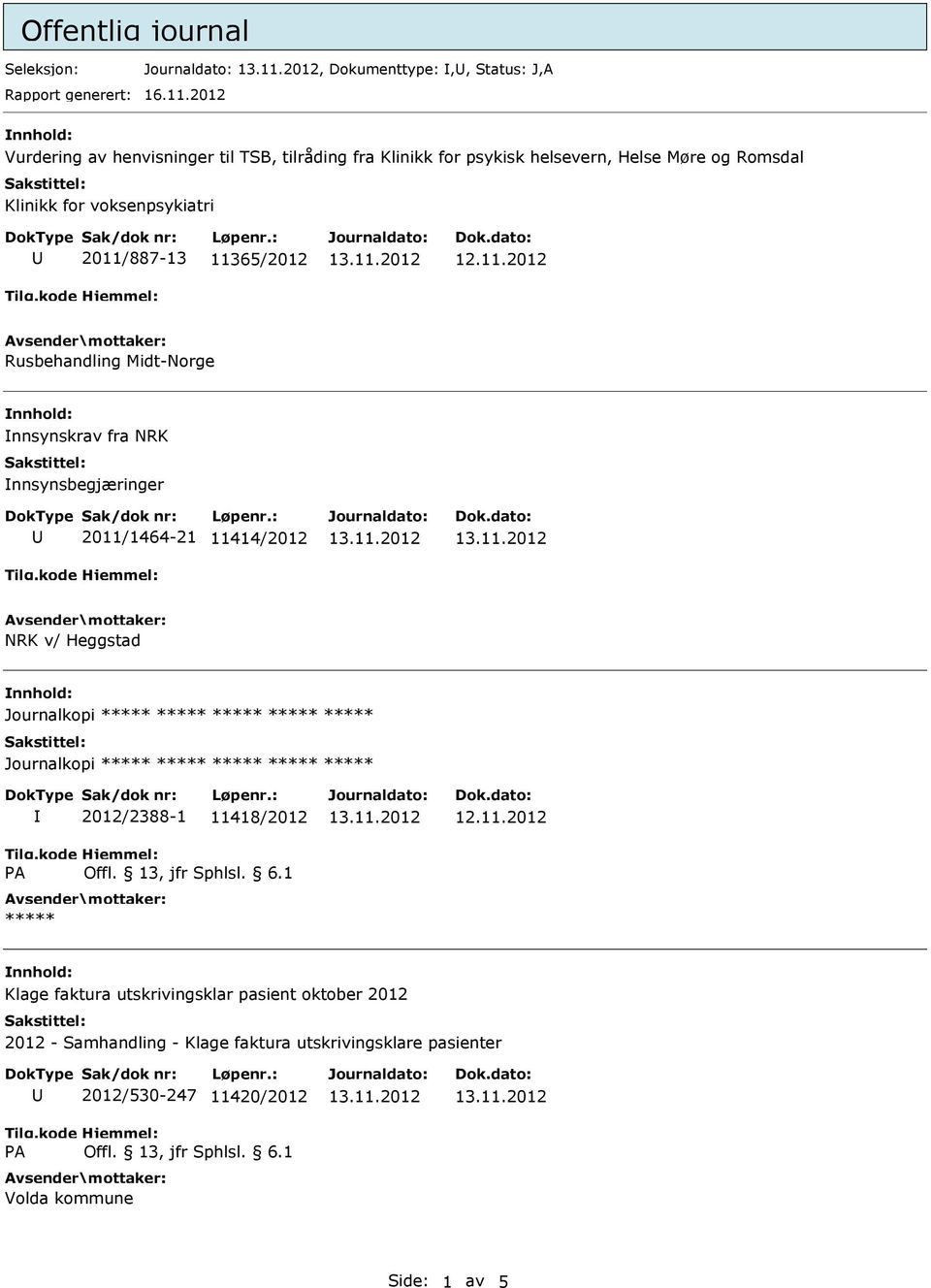 11365/2012 Rusbehandling Midt-Norge nnsynskrav fra NRK nnsynsbegjæringer 2011/1464-21 11414/2012 NRK v/ Heggstad Journalkopi ***** ***** ***** ***** *****