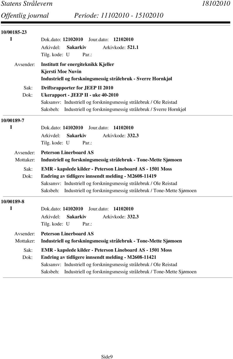 Industriell og forskningsmessig strålebruk / Sverre Hornkjøl 10/00189-7 I Dok.dato: 14102010 Jour.