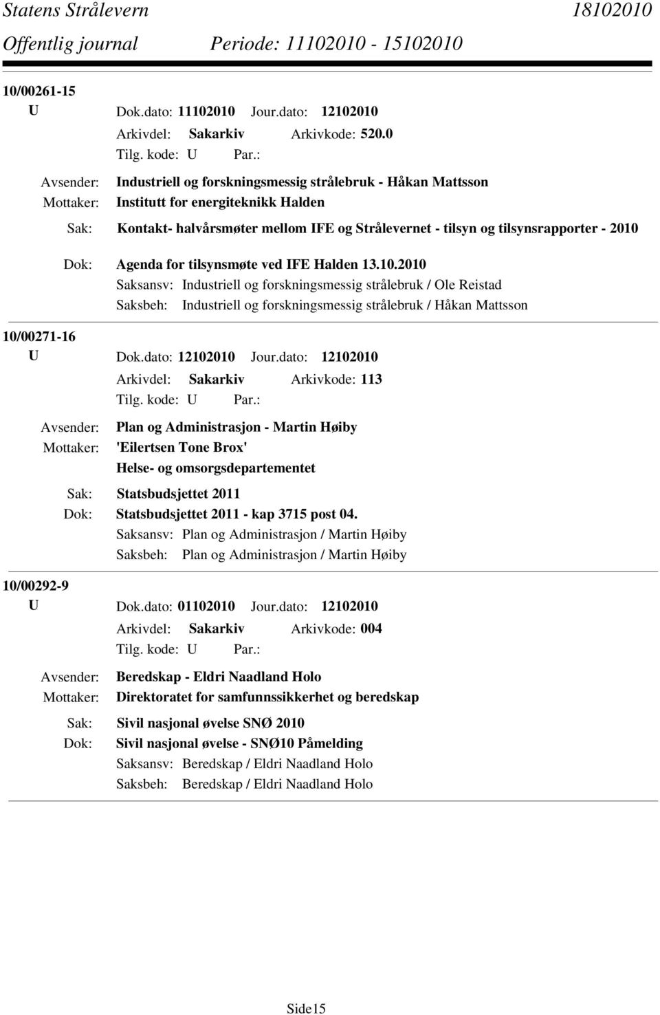 tilsynsmøte ved IFE Halden 13.10.2010 Saksbeh: Industriell og forskningsmessig strålebruk / Håkan Mattsson 10/00271-16 U Dok.dato: 12102010 Jour.