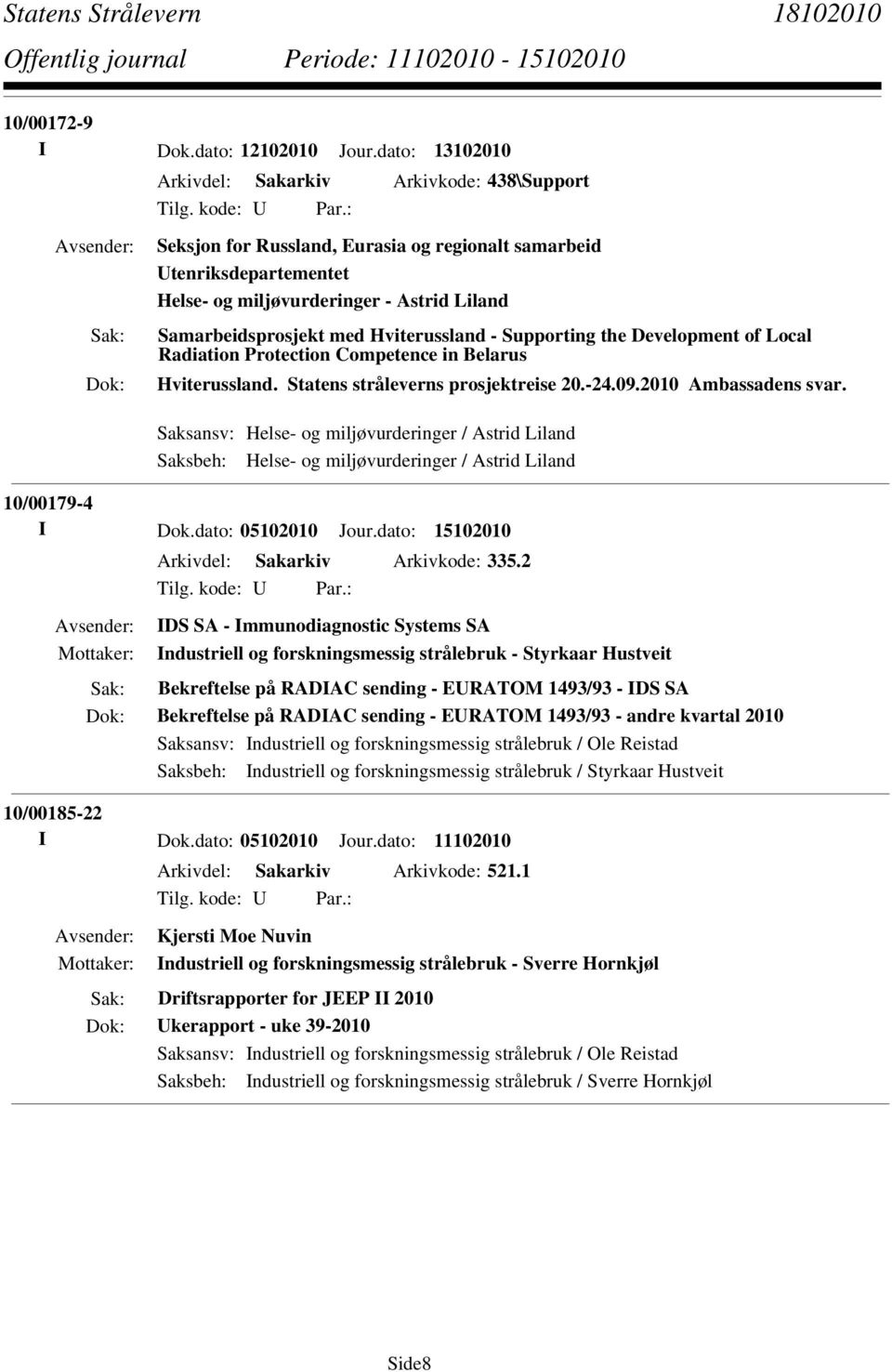 Hviterussland - Supporting the Development of Local Radiation Protection Competence in Belarus Hviterussland. Statens stråleverns prosjektreise 20.-24.09.2010 Ambassadens svar.