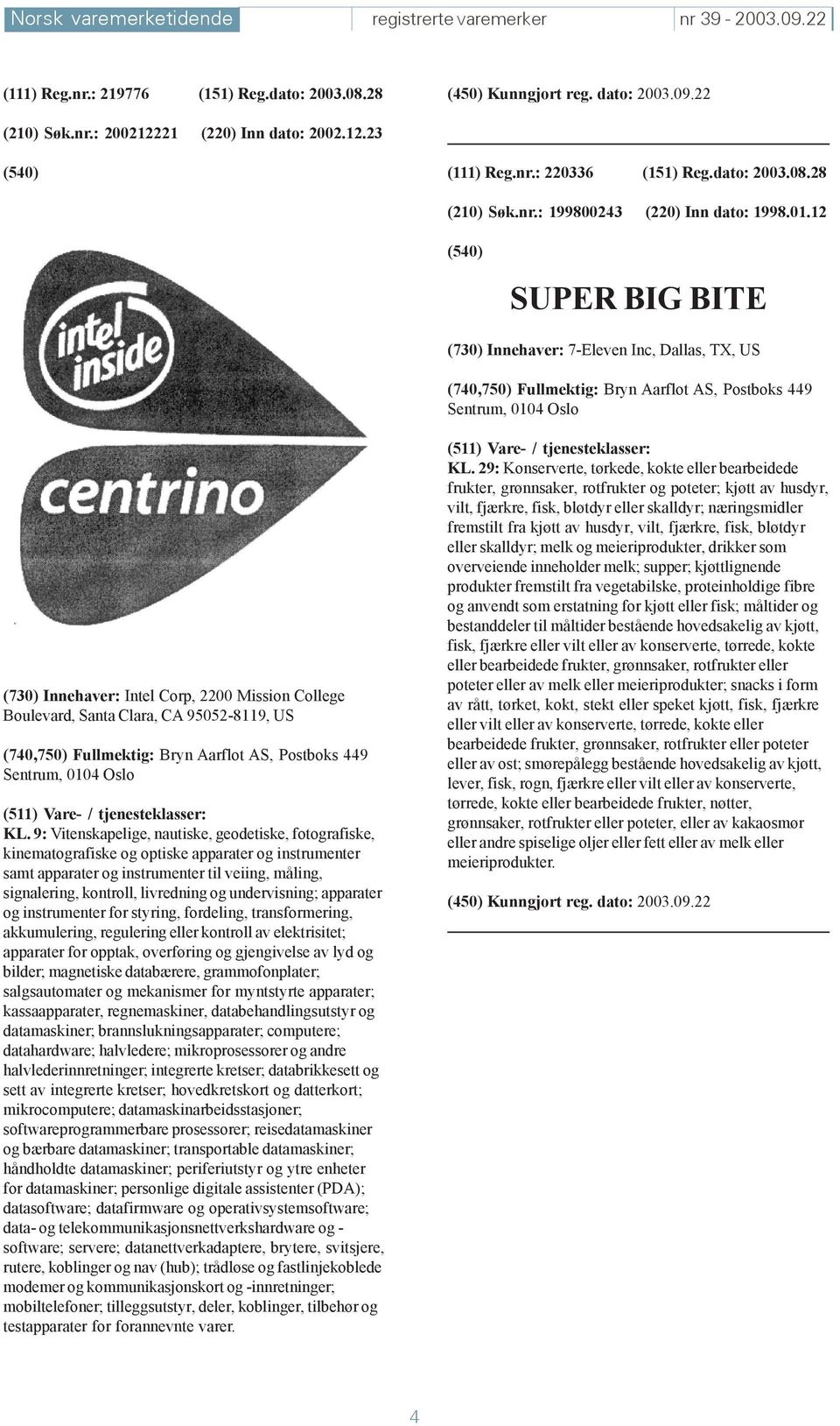 12 SUPER BIG BITE (730) Innehaver: 7-Eleven Inc, Dallas, TX, US (740,750) Fullmektig: Bryn Aarflot AS, Postboks 449 Sentrum, 0104 Oslo (730) Innehaver: Intel Corp, 2200 Mission College Boulevard,