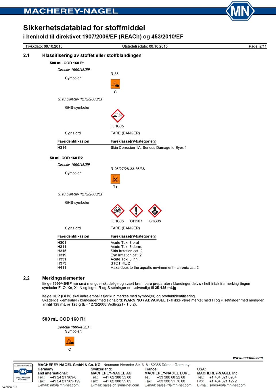 Fareklasse(r)/-kategorie(r) H314 Skin Corrosion 1A.