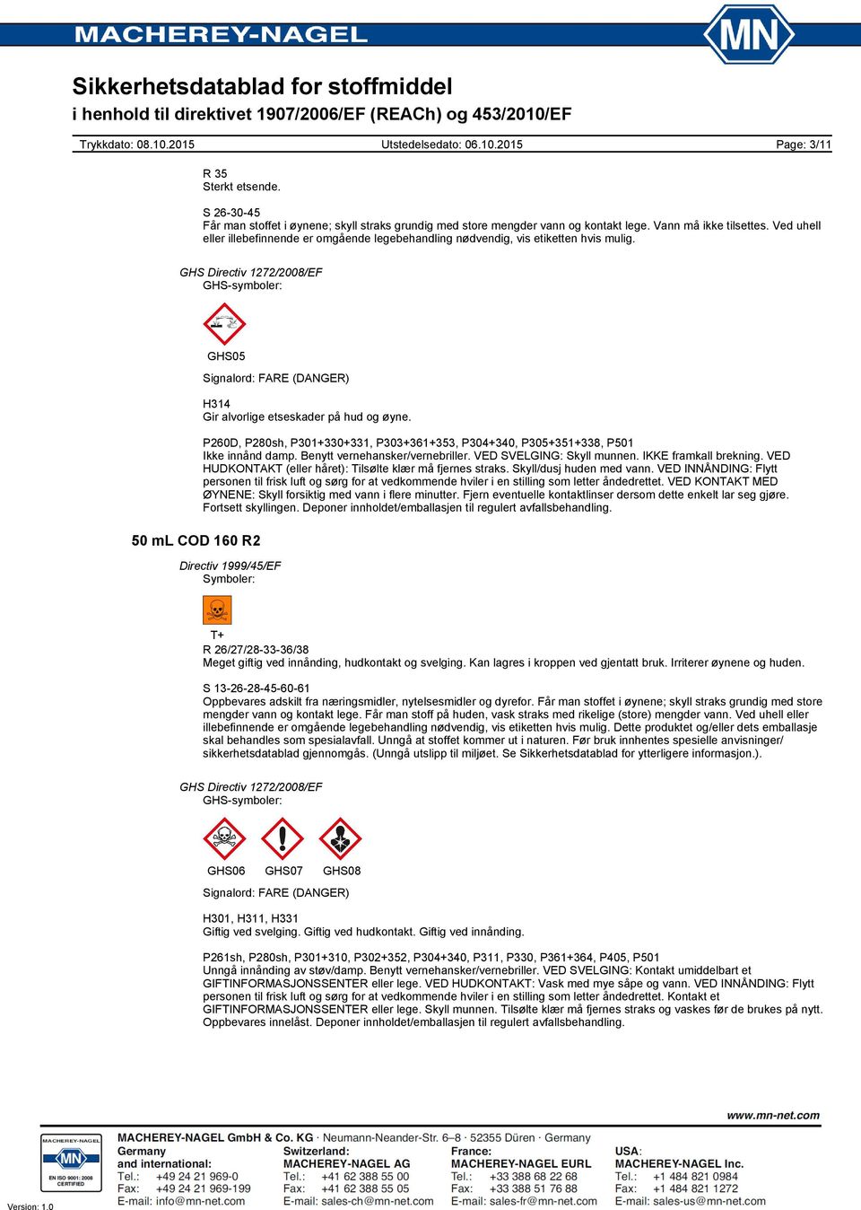 GHS Directiv 1272/2008/EF GHS-symboler: GHS05 Signalord: FARE (DANGER) H314 Gir alvorlige etseskader på hud og øyne.