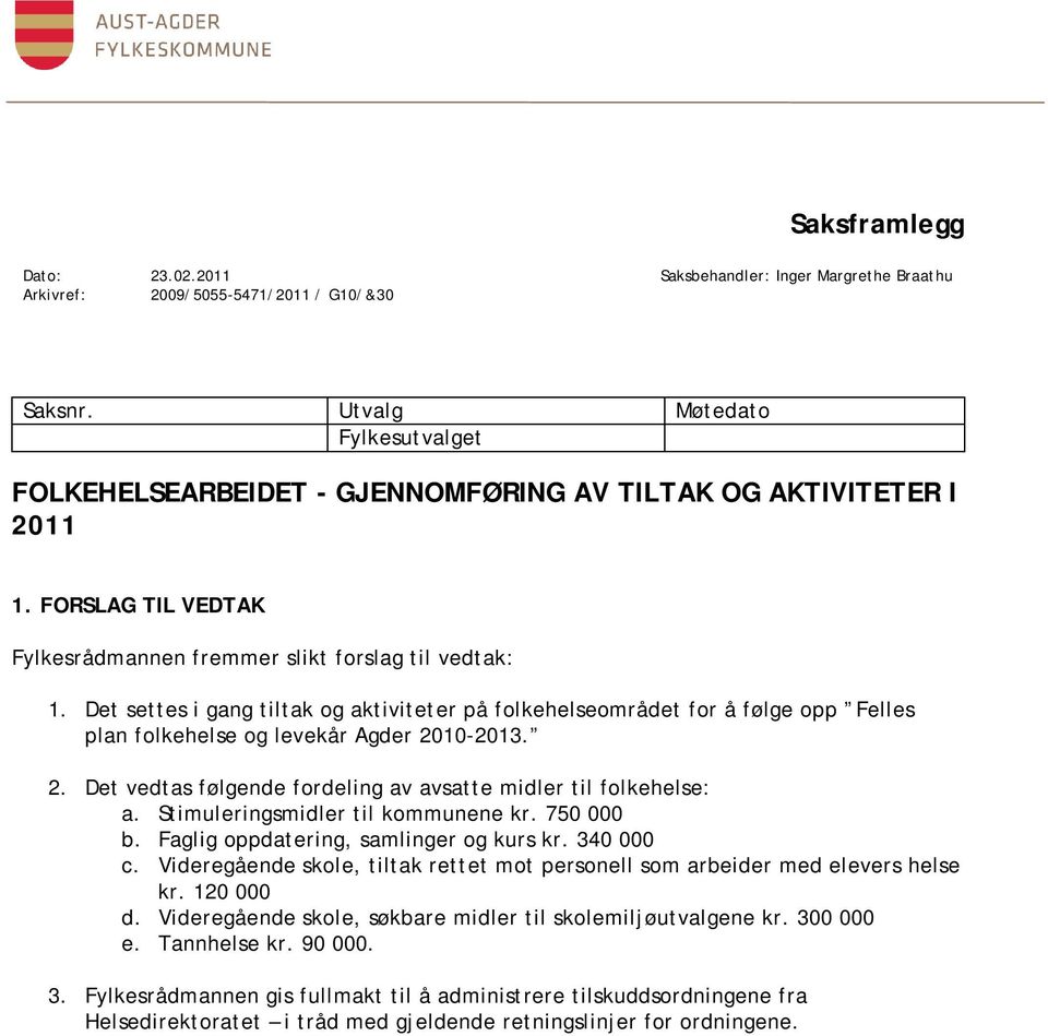 Det settes i gang tiltak og aktiviteter på folkehelseområdet for å følge opp Felles plan folkehelse og levekår Agder 2010-2013. 2. Det vedtas følgende fordeling av avsatte midler til folkehelse: a.