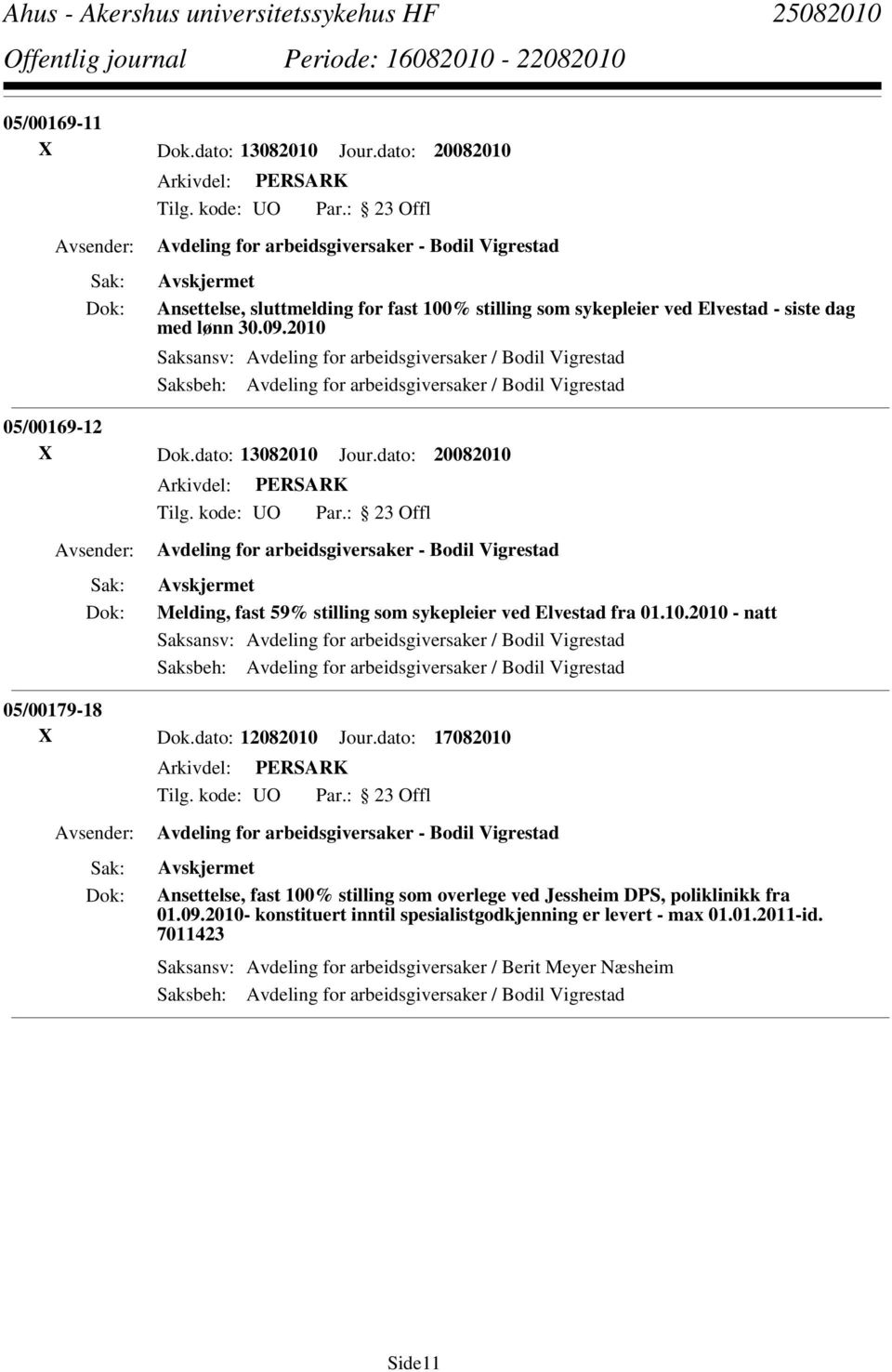 2010 Saksansv: Avdeling for arbeidsgiversaker / Bodil Vigrestad Saksbeh: Avdeling for arbeidsgiversaker / Bodil Vigrestad 05/00169-12 X Dok.dato: 13082010 Jour.