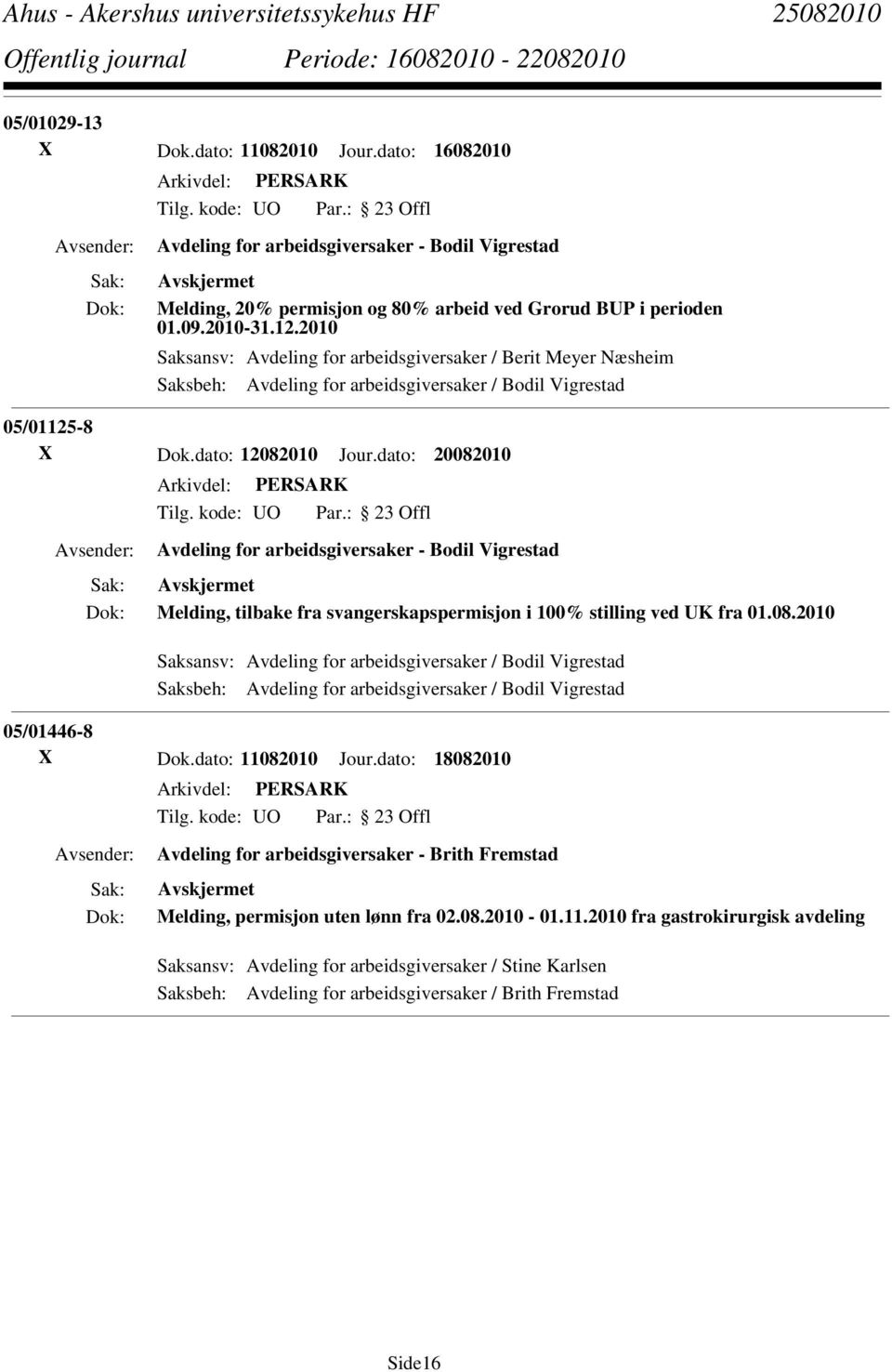 dato: 20082010 Avdeling for arbeidsgiversaker - Bodil Vigrestad Melding, tilbake fra svangerskapspermisjon i 100% stilling ved UK fra 01.08.2010 Saksansv: Avdeling for arbeidsgiversaker / Bodil Vigrestad Saksbeh: Avdeling for arbeidsgiversaker / Bodil Vigrestad 05/01446-8 X Dok.