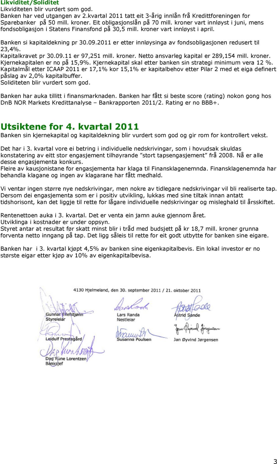 2011 er etter innløysinga av fondsobligasjonen redusert til 23,4%. Kapitalkravet pr 30.09.11 er 97,251 mill. kroner. Netto ansvarleg kapital er 289,154 mill. kroner. Kjernekapitalen er no på 15,9%.